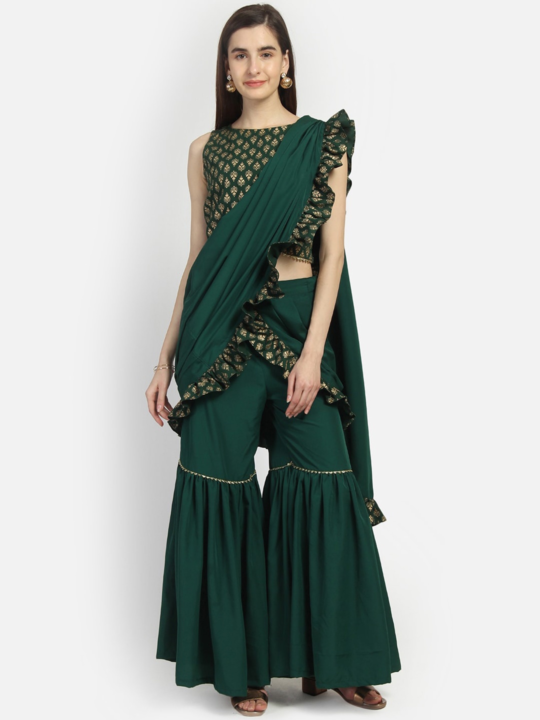 

studio rasa Women Green & Gold-Toned Printed Top with Palazzos