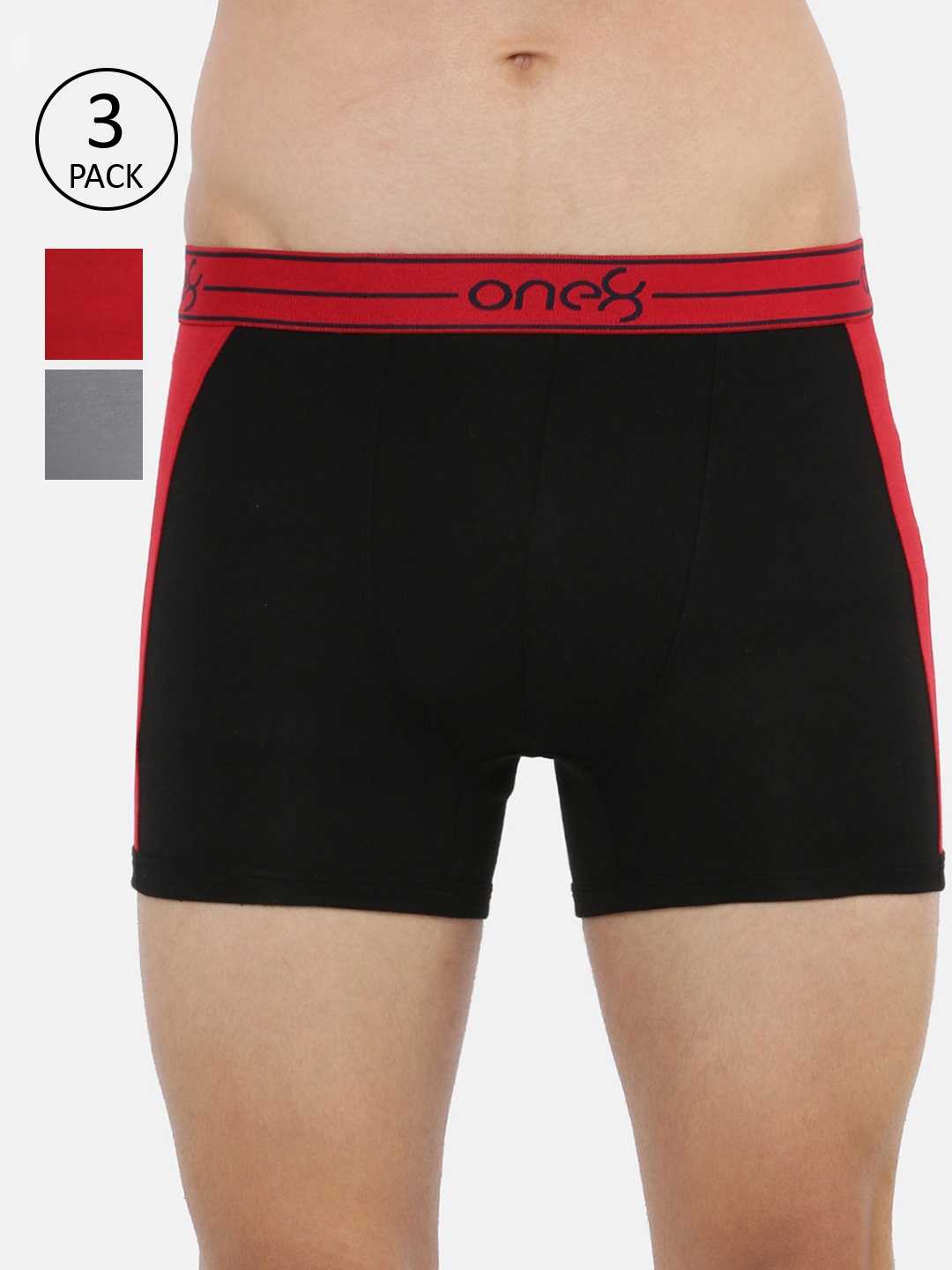 

one8 by Virat Kohli Men Pack Of 3 Solid Trunks ONE8_711_BLK_GR_RD_3PC, Black