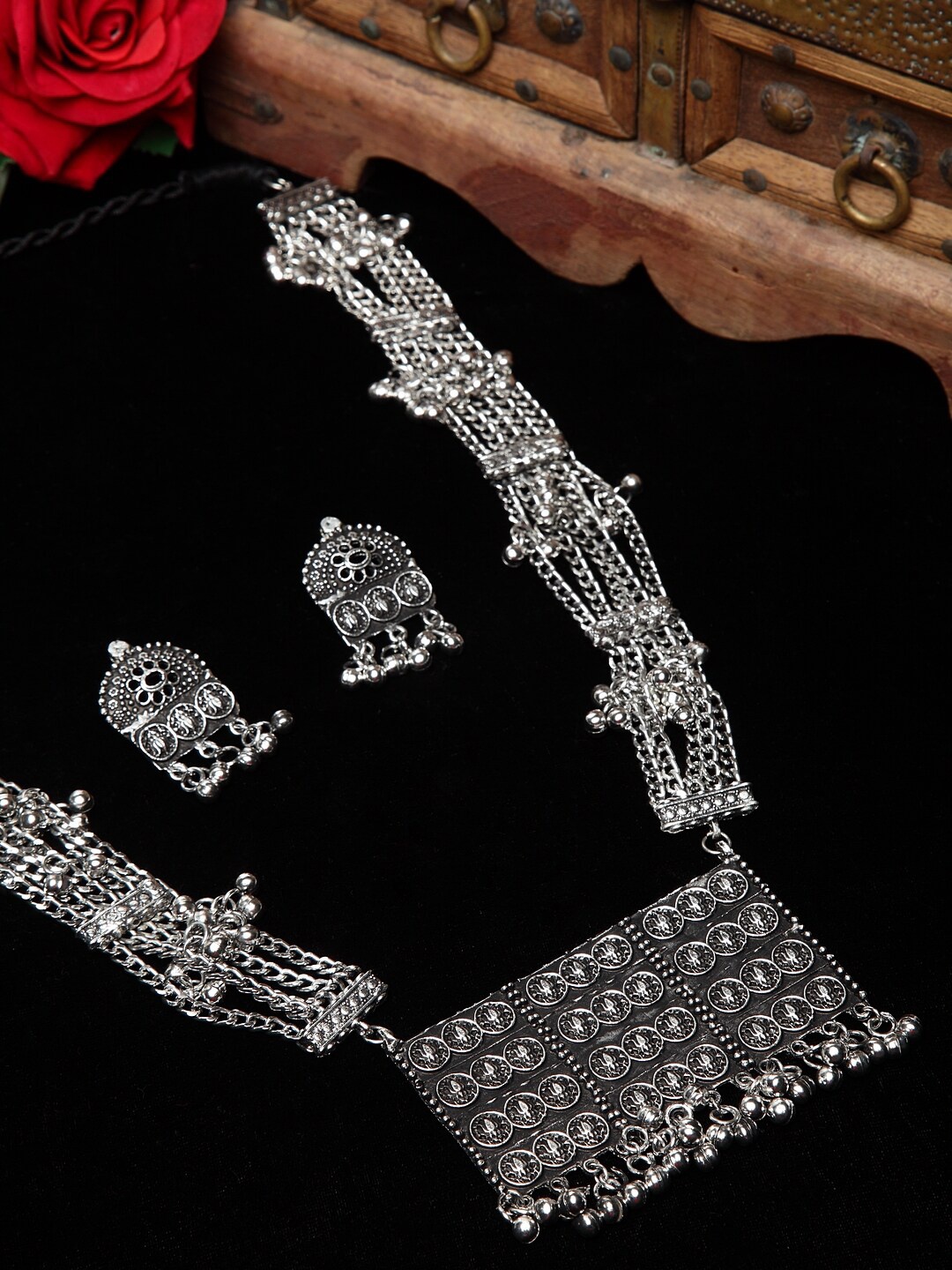 

Moedbuille Silver-Plated Oxidized Ghungroo Studded Tribal Jewellery Set