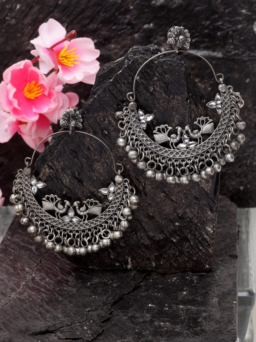 

Moedbuille Gunmetal-Toned Crescent Shaped Chandbalis Earrings, Metallic