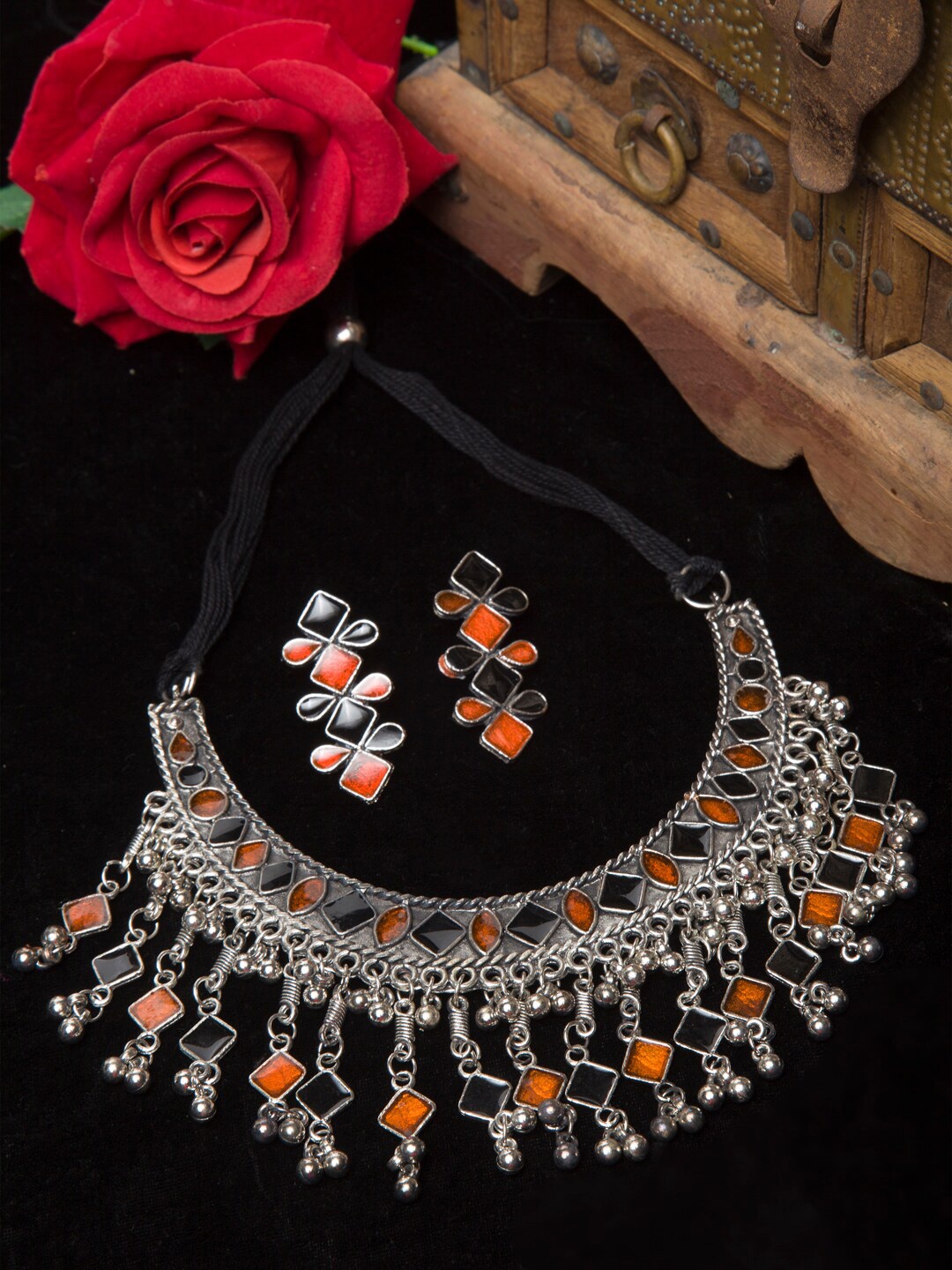 

Moedbuille Oxidised Silver Plated Orange & Black Stone Studded & Beadeed Jewellery Set