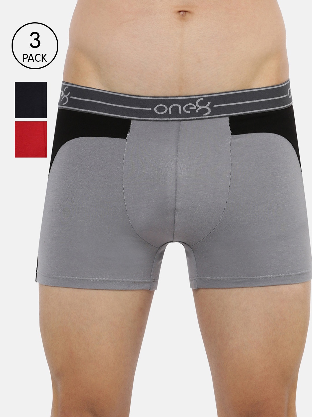 

one8 by Virat Kohli Men Pack Of 3 Grey, Navy Blue & Red Solid Trunk