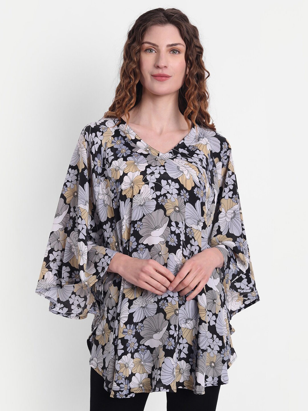 

MINGLAY Black Floral Print Kaftan Top