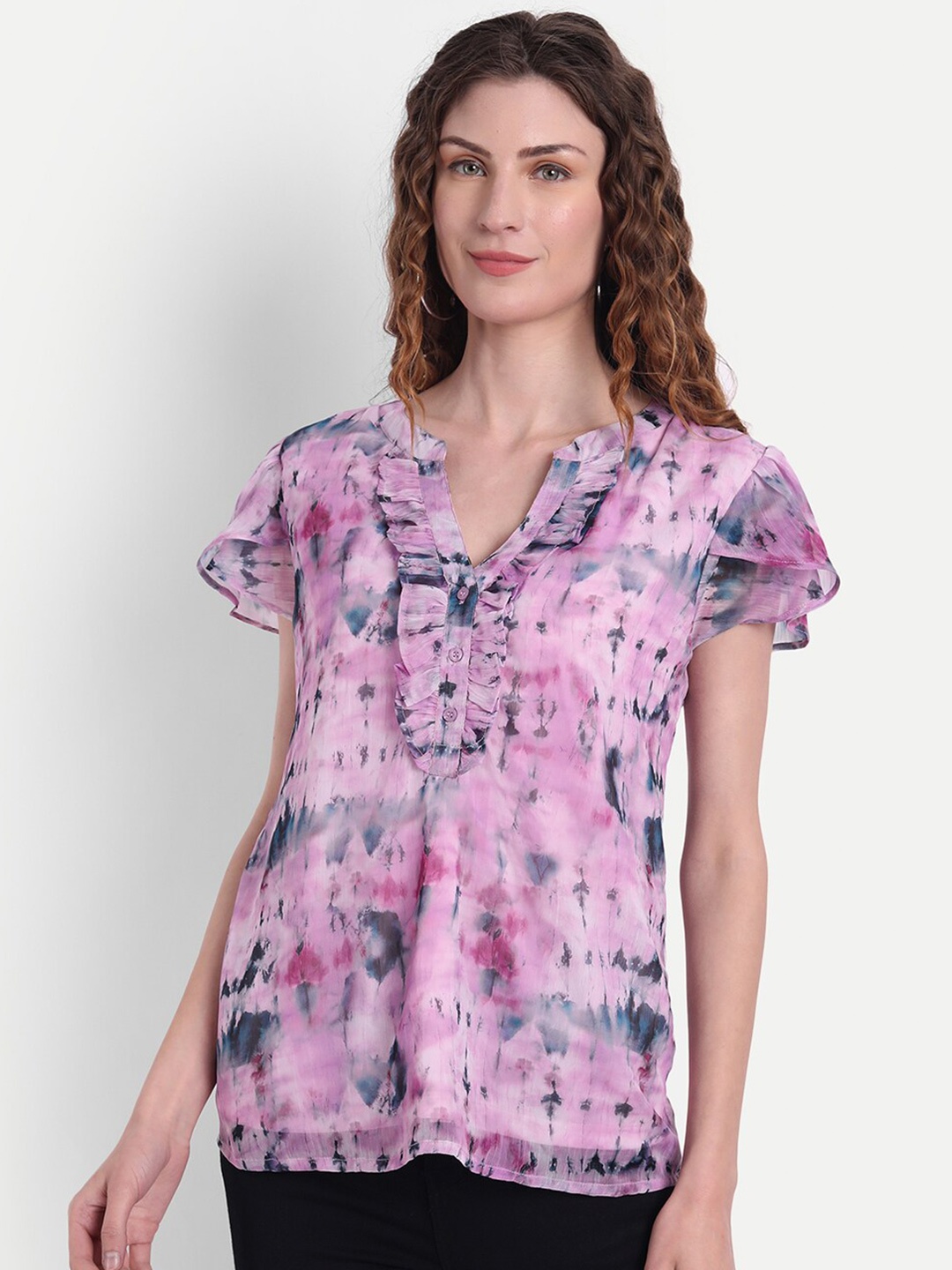 

MINGLAY Pink Floral Print Chiffon Top