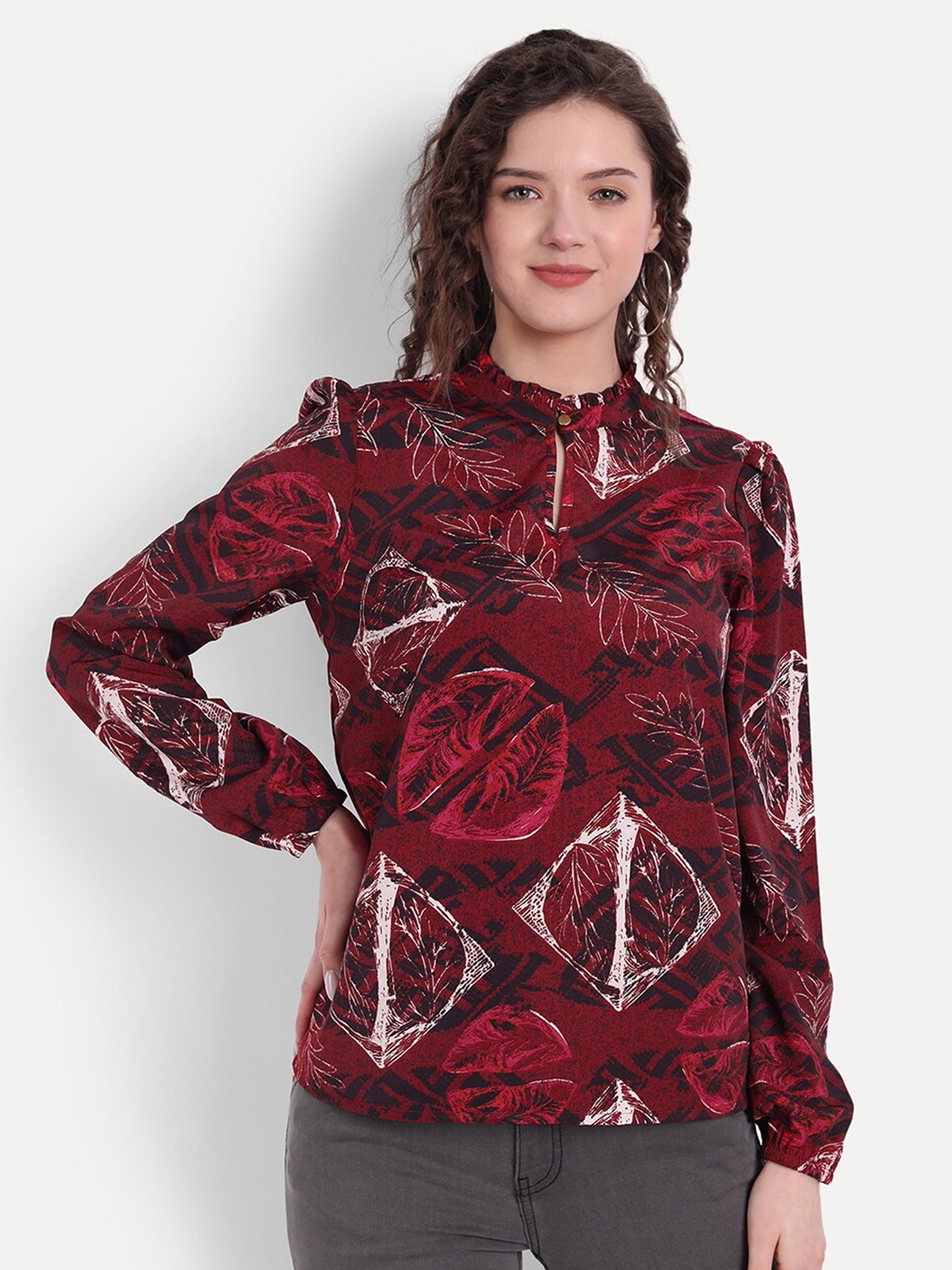 

MINGLAY Maroon Print Shirt Style Top