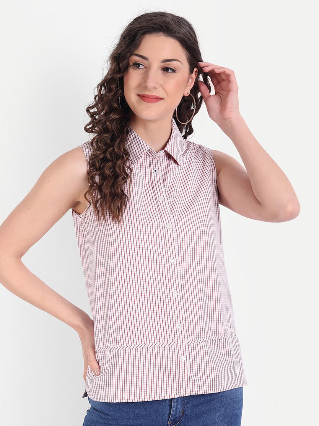 

MINGLAY White Striped Mandarin Collar Top