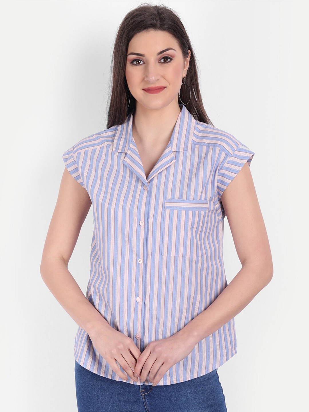 

MINGLAY Blue Striped Extended Sleeves Shirt Style Top