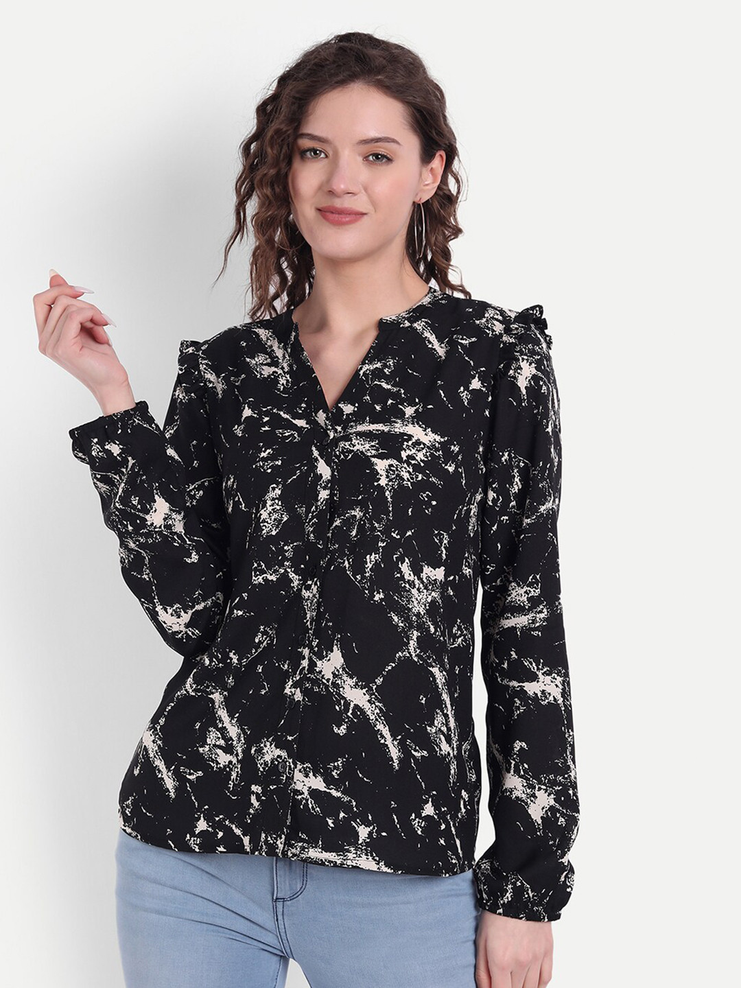 

MINGLAY Black Floral Print Blouson Top
