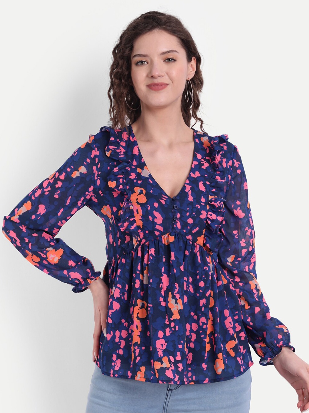 

MINGLAY Blue Floral Print Georgette Top