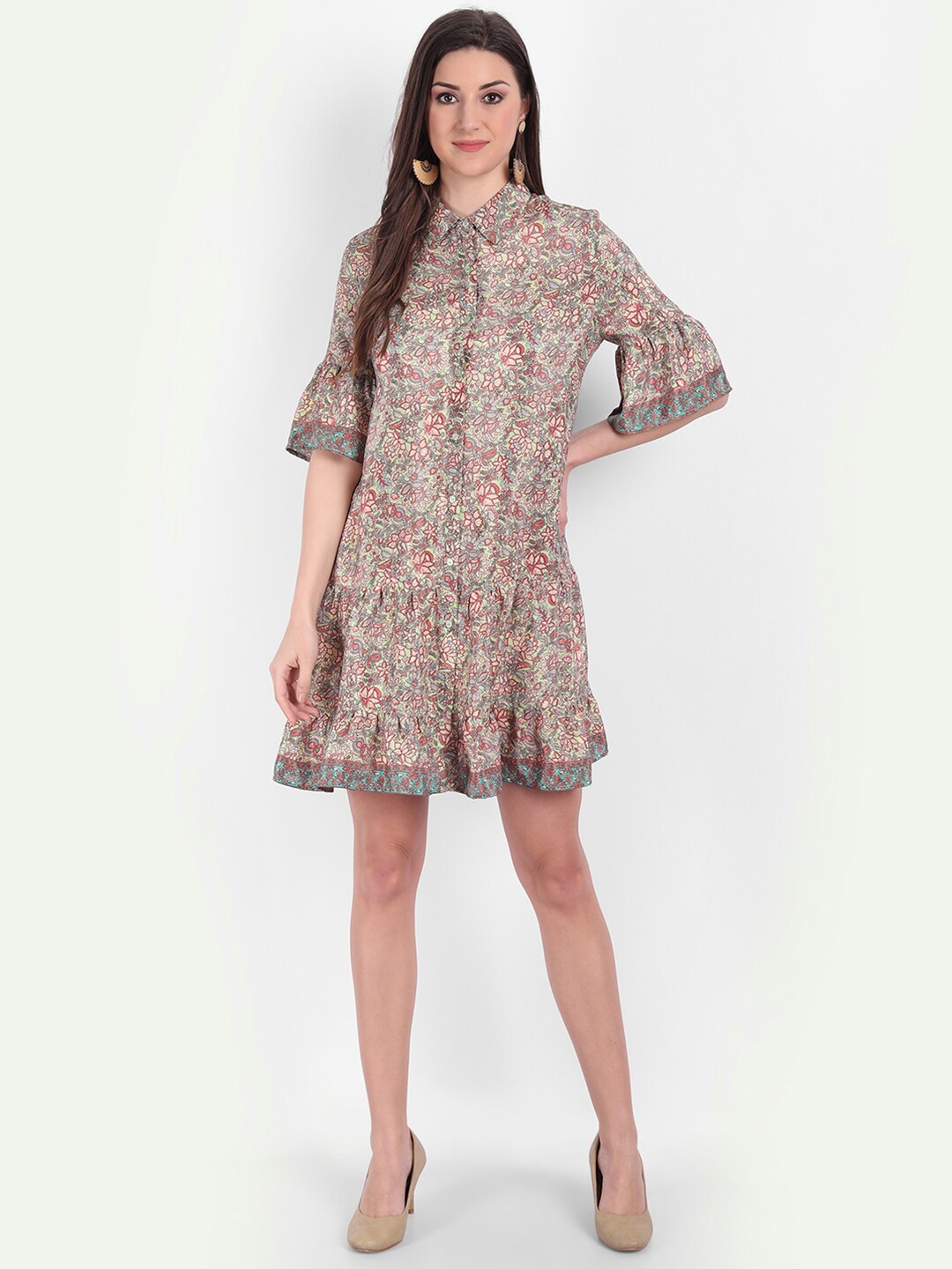 

MINGLAY Sea Green Floral Shirt Dress