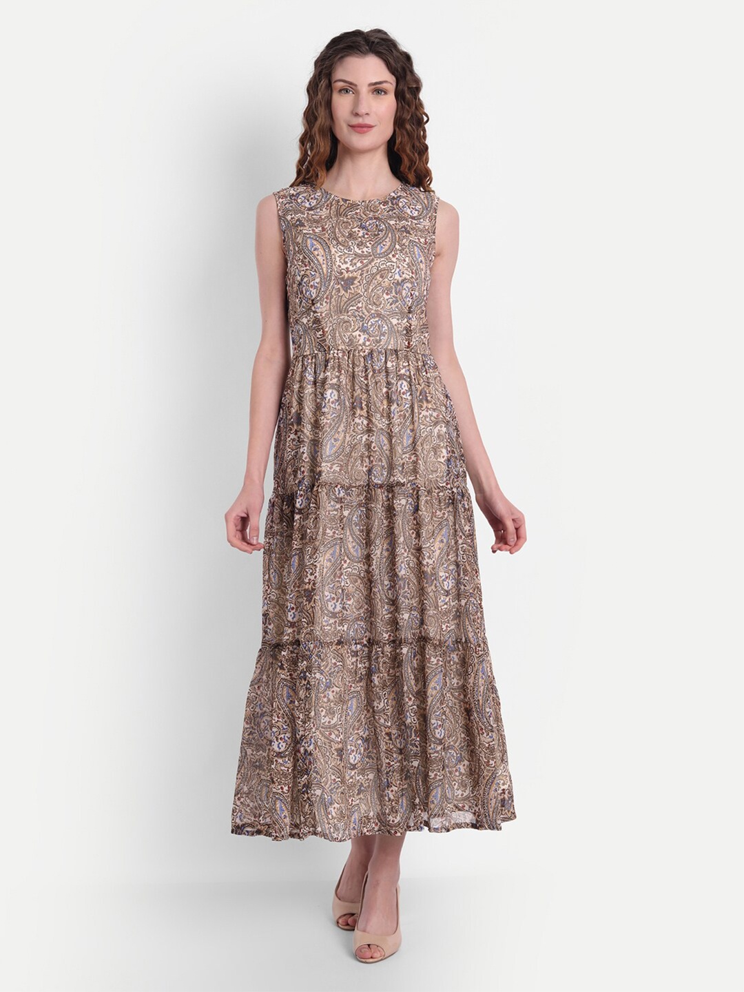 

MINGLAY Brown Floral Chiffon Maxi Dress