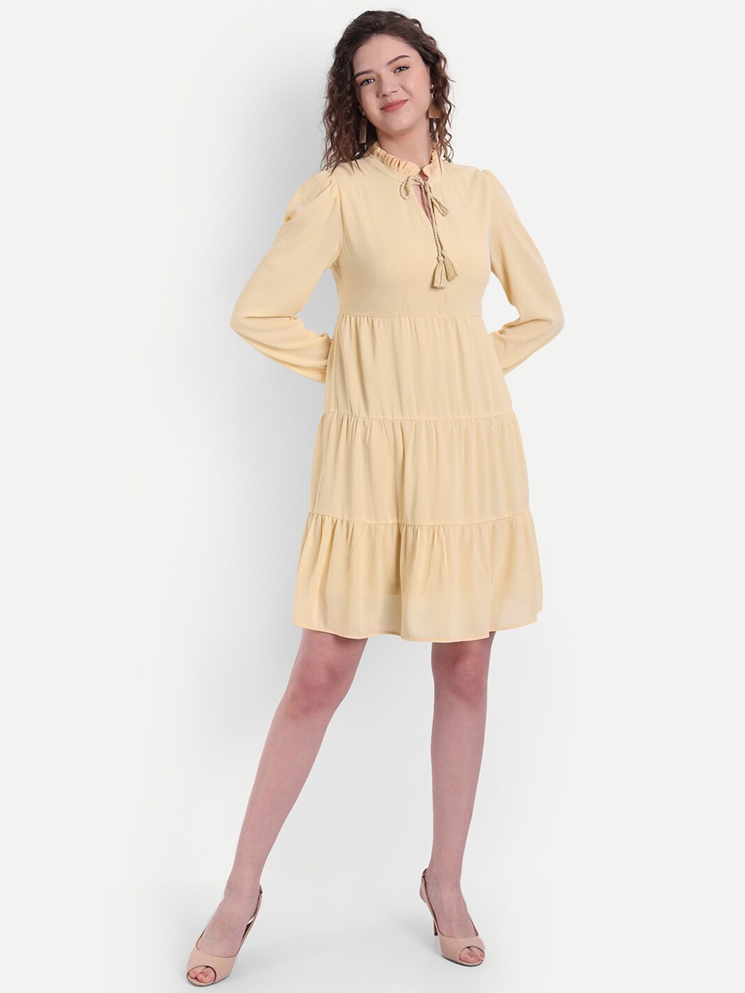 

MINGLAY Beige Tie-Up Neck Georgette A-Line Dress