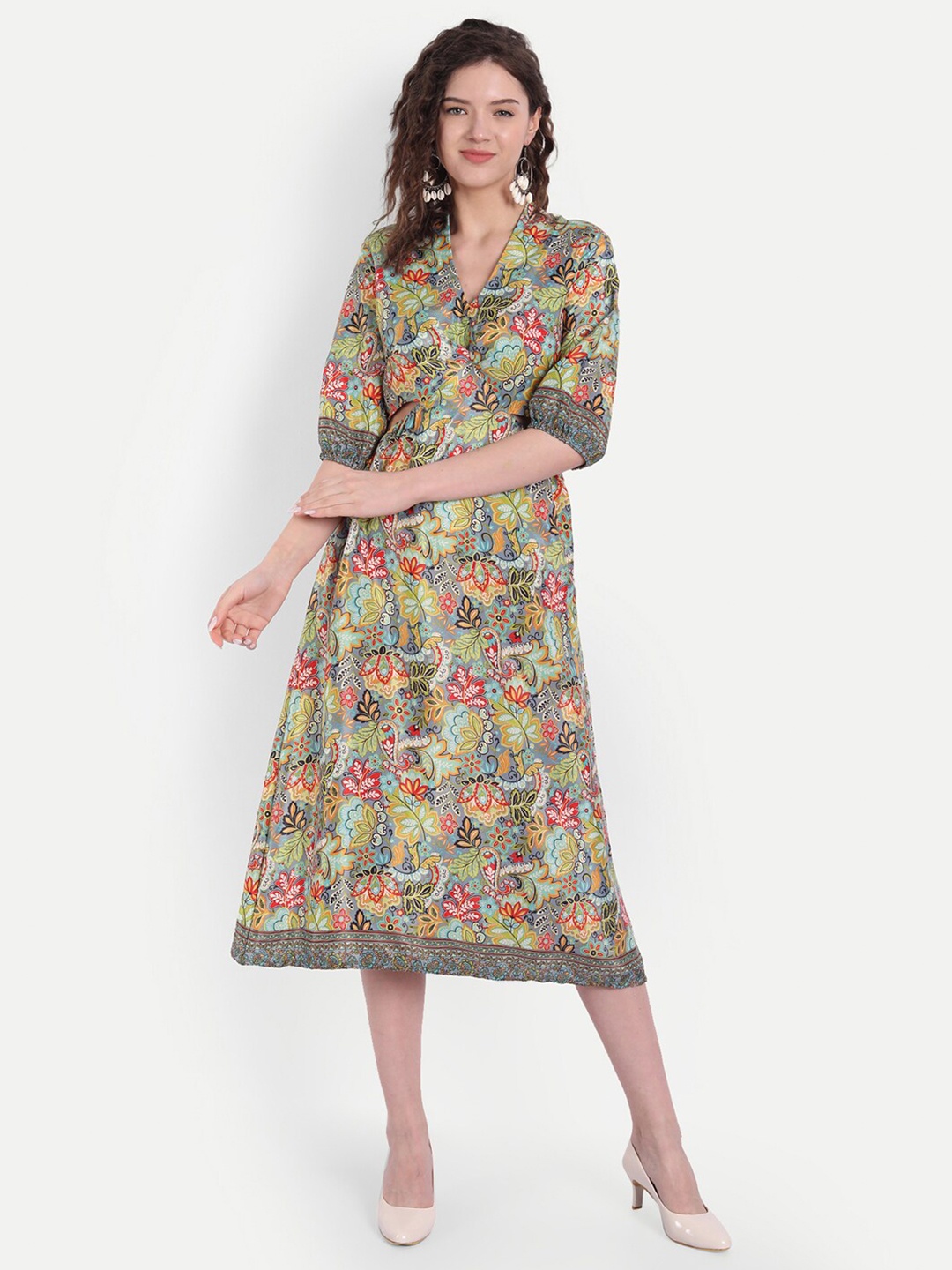 

MINGLAY Green Floral Crepe A-Line Midi Dress