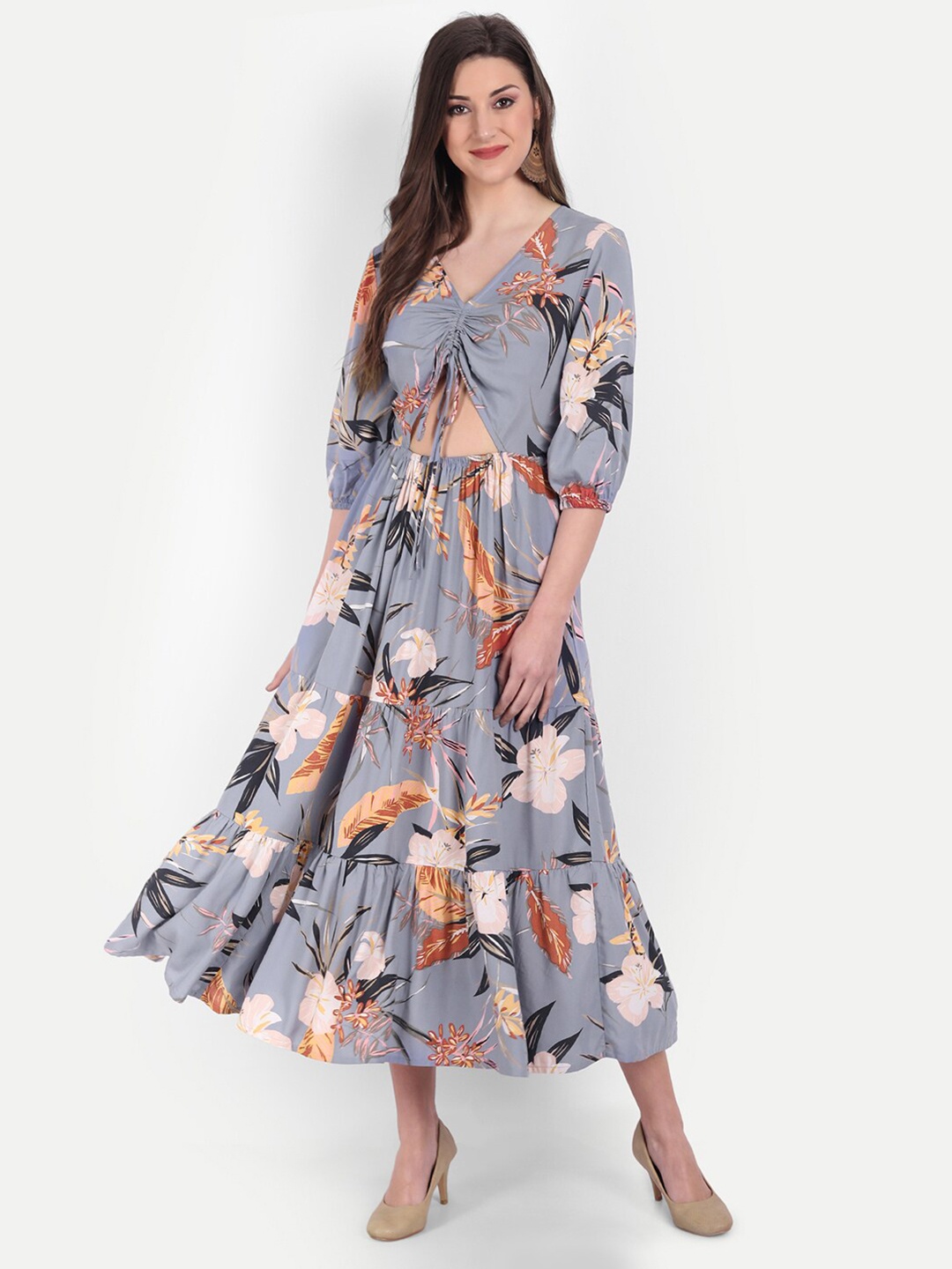 

MINGLAY Grey Floral Maxi Dress