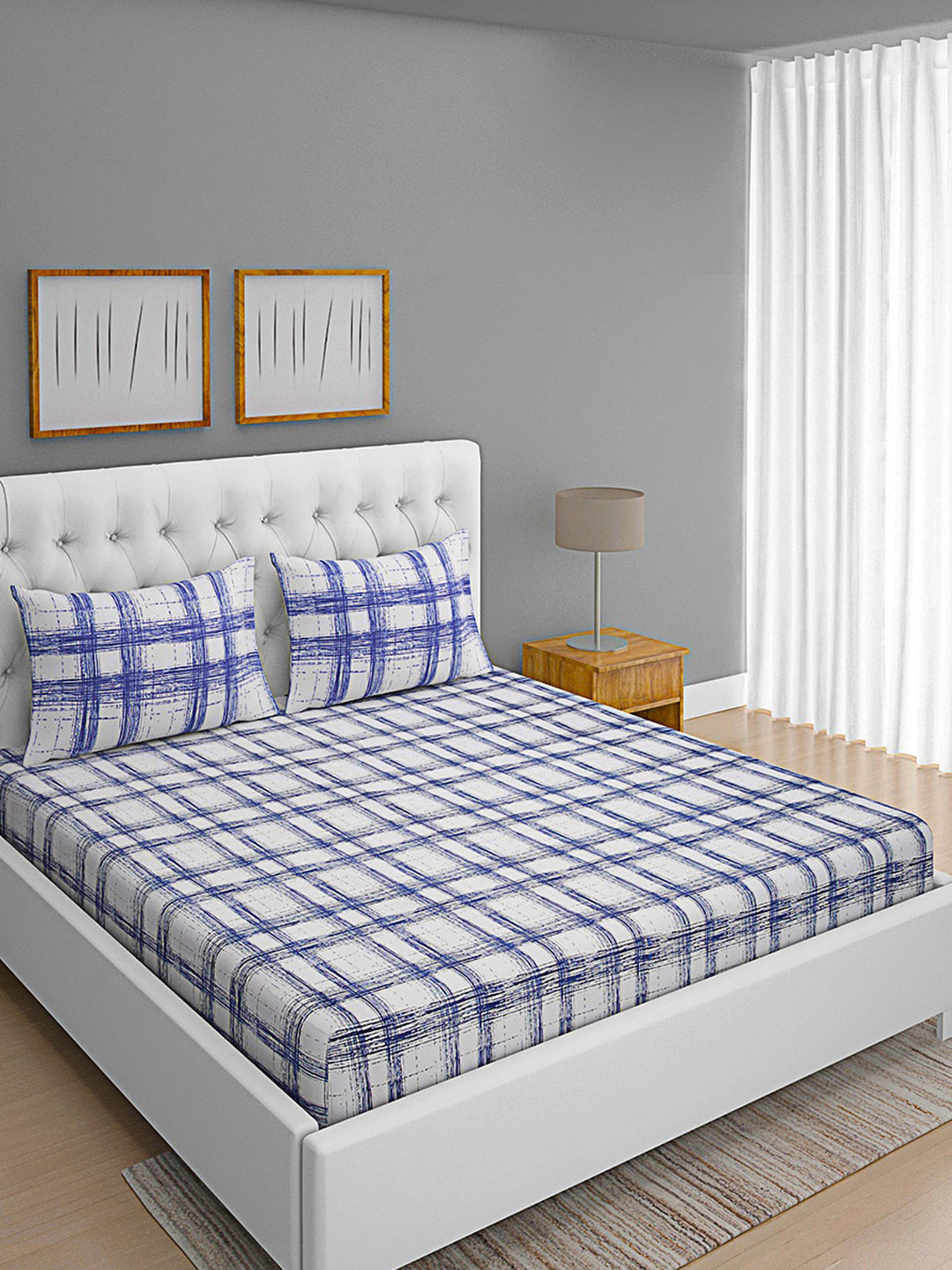 

ROMEE White & Blue 186 TC Queen Geometric Cotton Bedsheet with 2 Pillow Covers