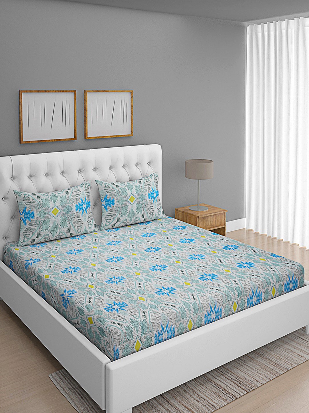 

ROMEE Off White & Blue Geometric 144 TC Queen Bedsheet with 2 Pillow Covers