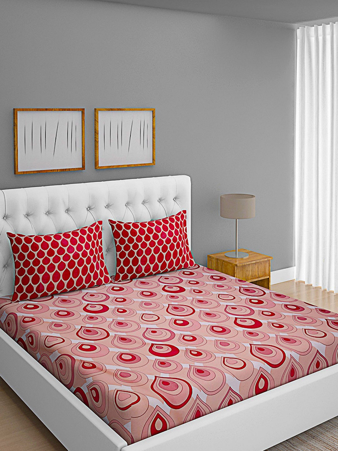 

ROMEE Peach-Coloured & Red Ethnic Motifs 144 TC Microfiber Queen Bedsheet with 2 Pillow Covers