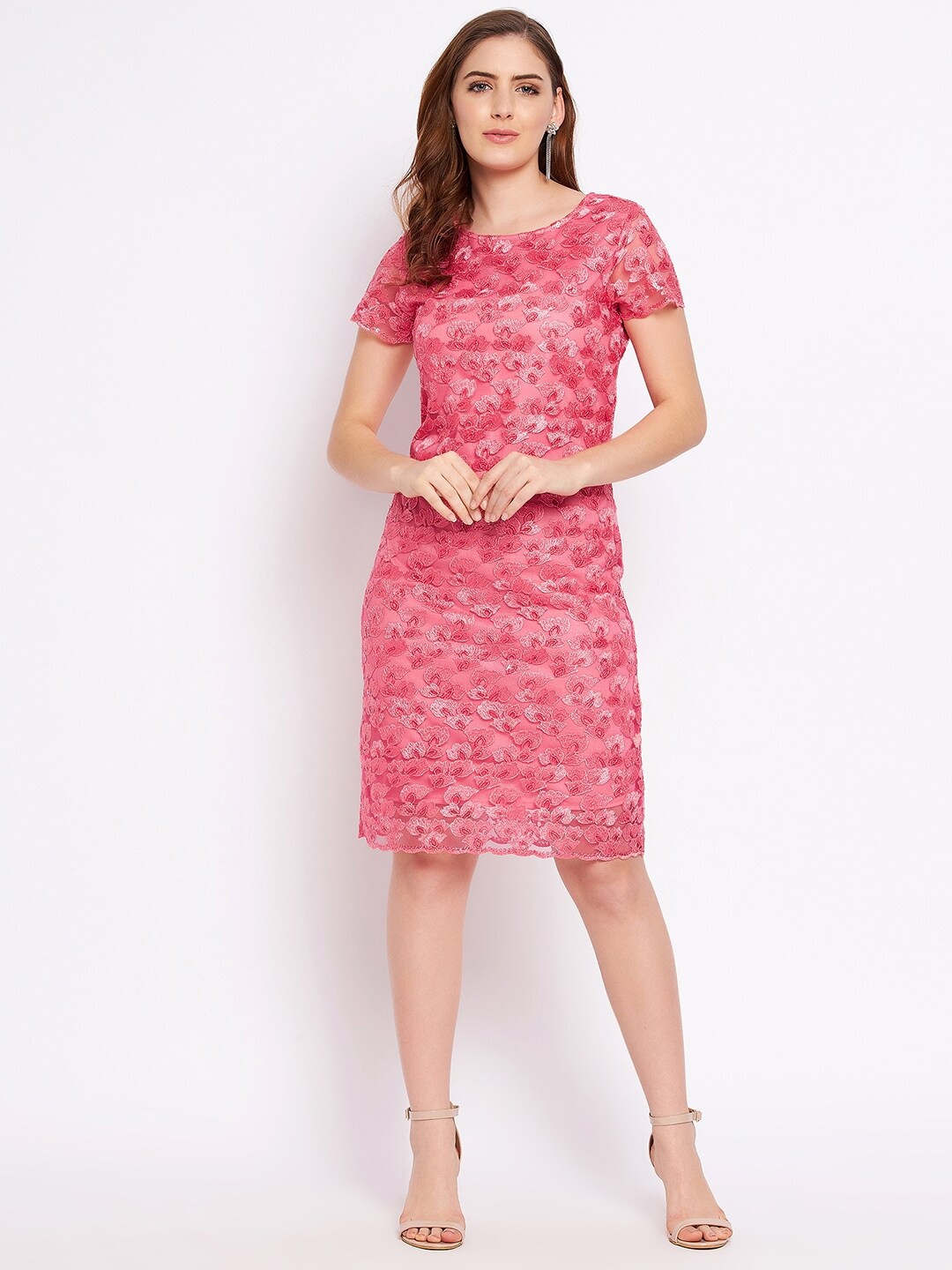 

Ruhaans Pink Floral Net A-Line Dress
