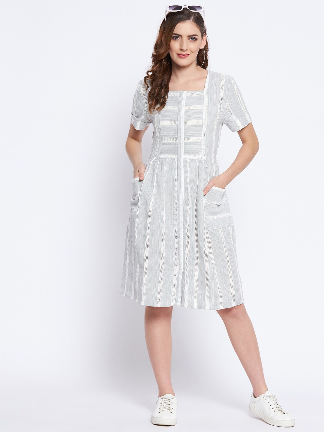 

Ruhaans Grey Striped A-Line Dress