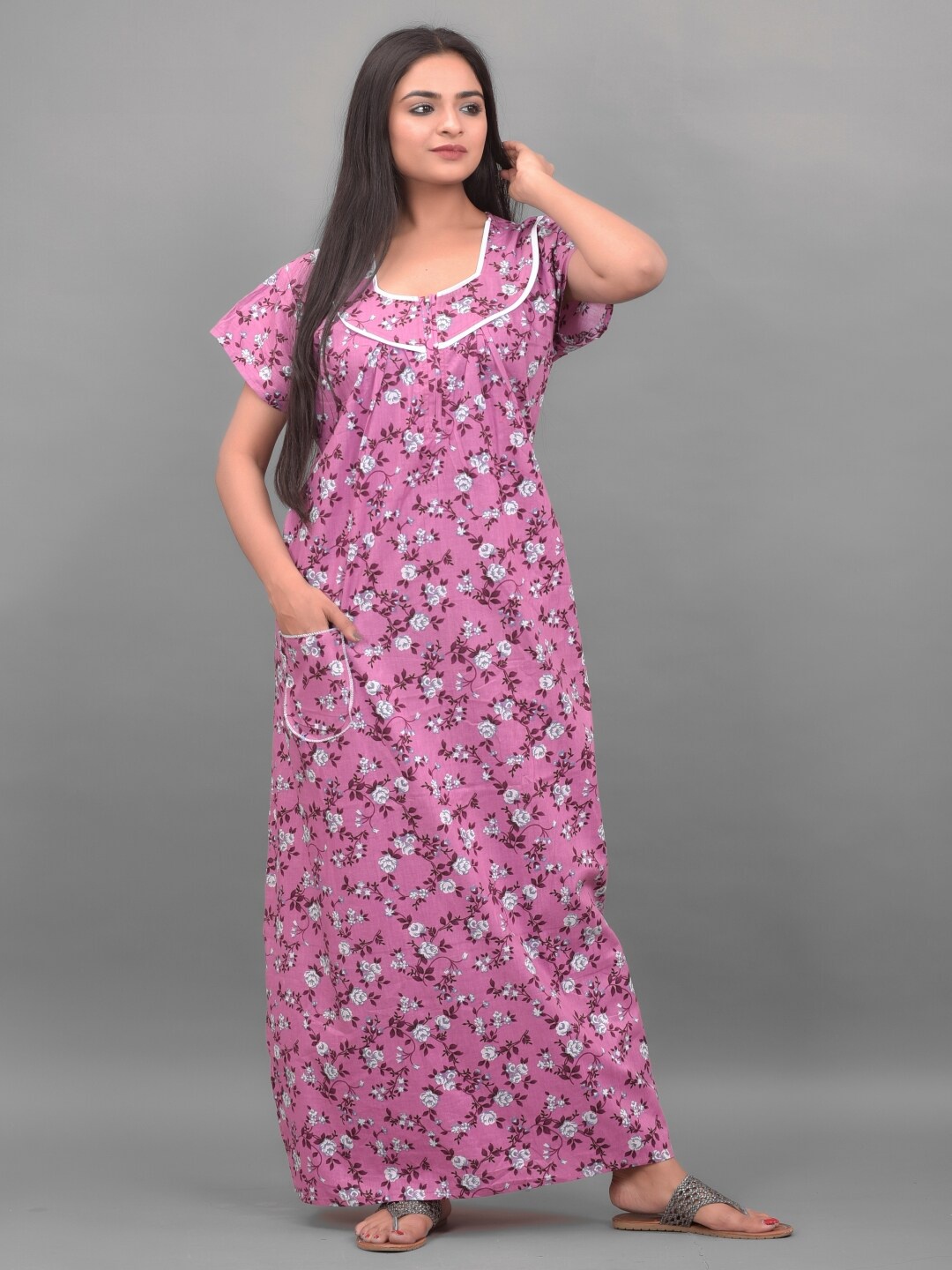 

Apratim Pink Printed Maxi Pure Cotton Nightdress