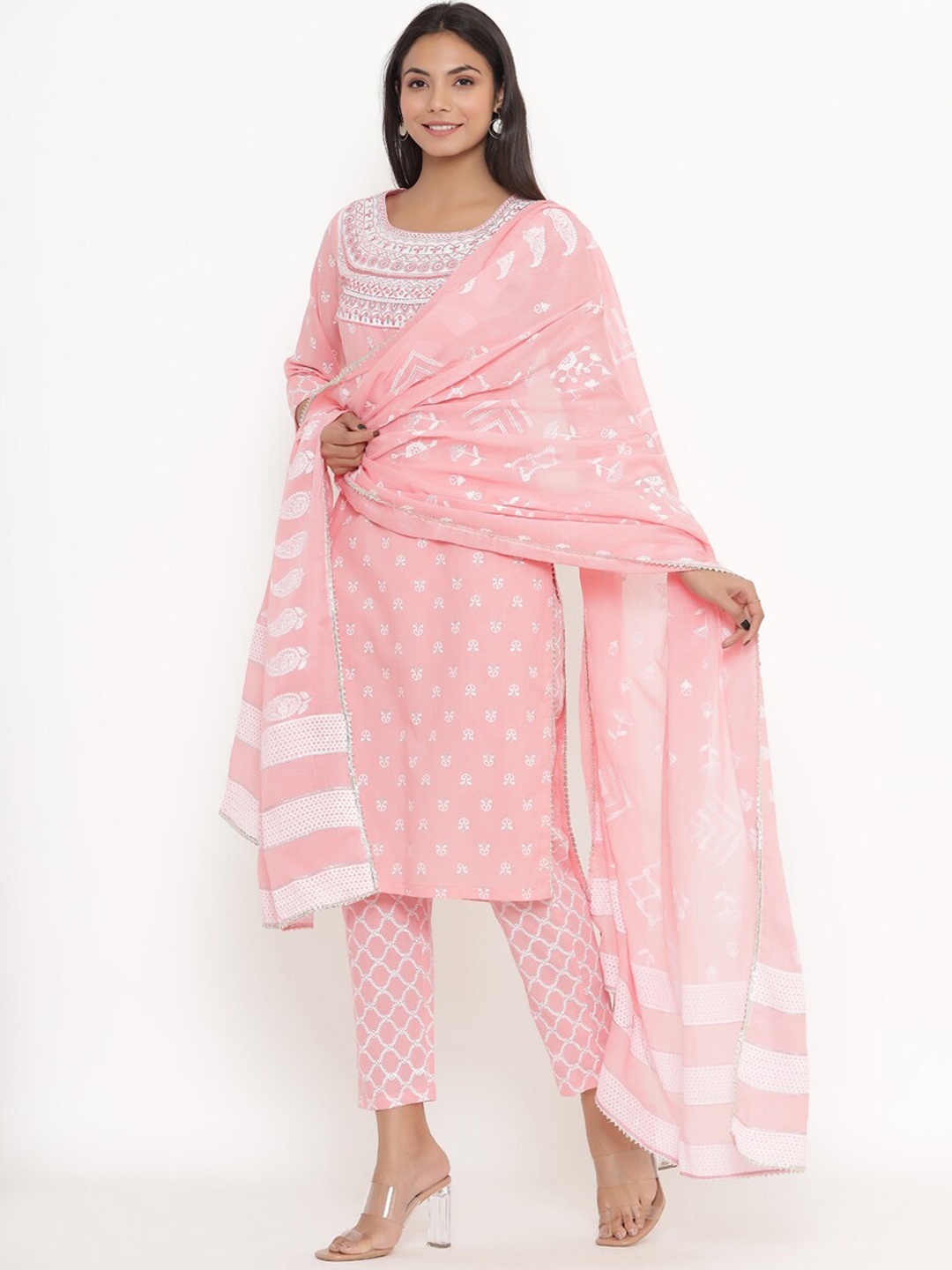 

PINKVILLE JAIPUR Women Pink Ethnic Motifs Printed Pure Cotton Kurta with Trousers & With Dupatta