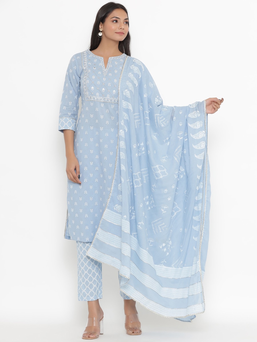 

PINKVILLE JAIPUR Women Blue Ethnic Motifs Printed Pure Cotton Kurta with Trousers & With Dupatta