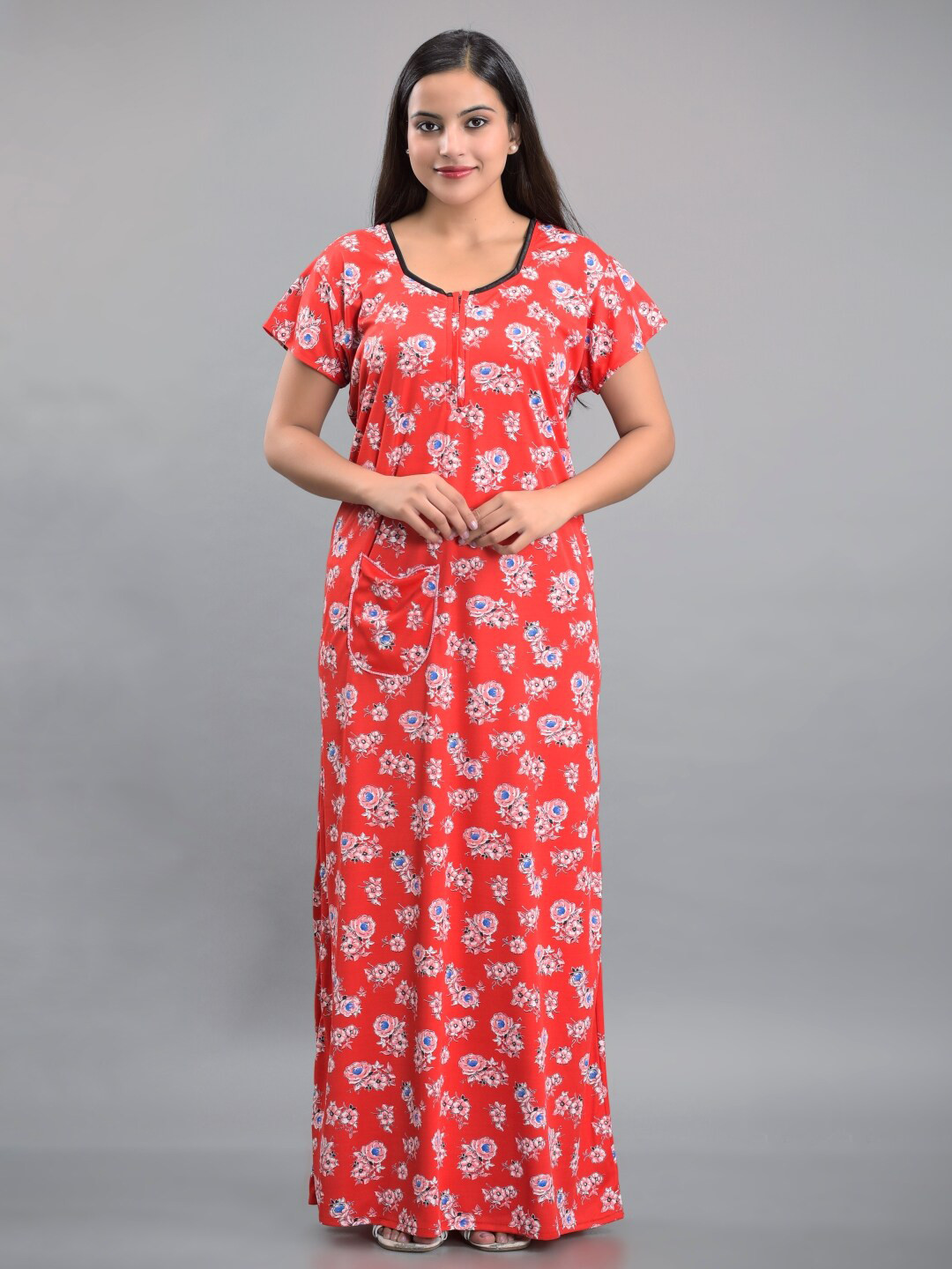 

Apratim Red Printed Maxi Nightdress
