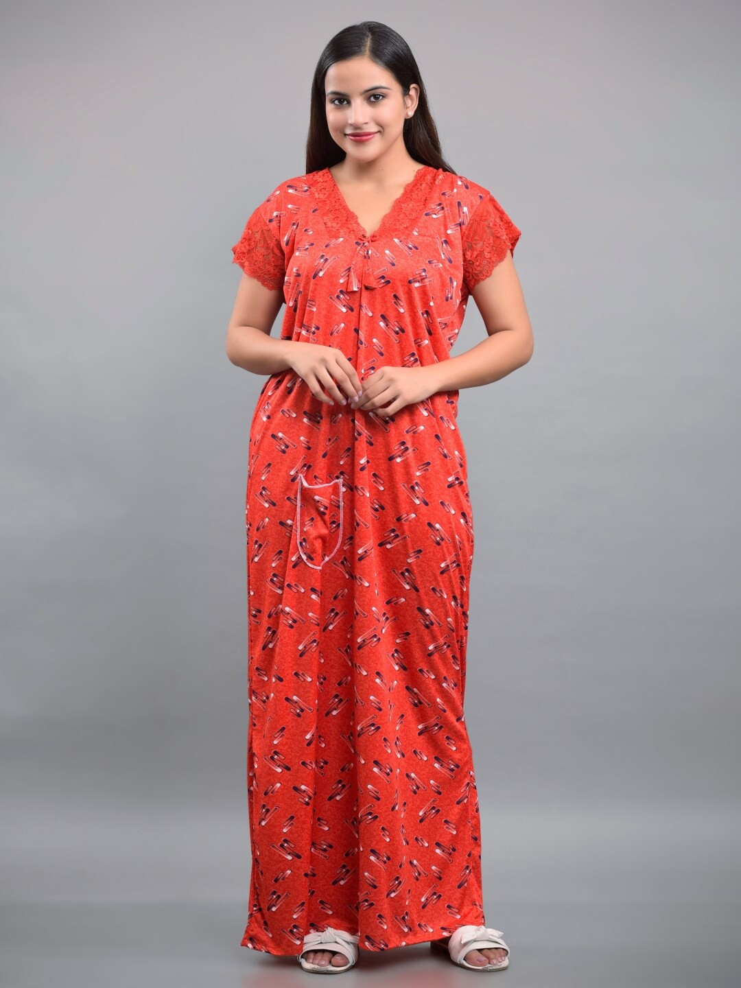 

Apratim Red Printed Maxi Nightdress