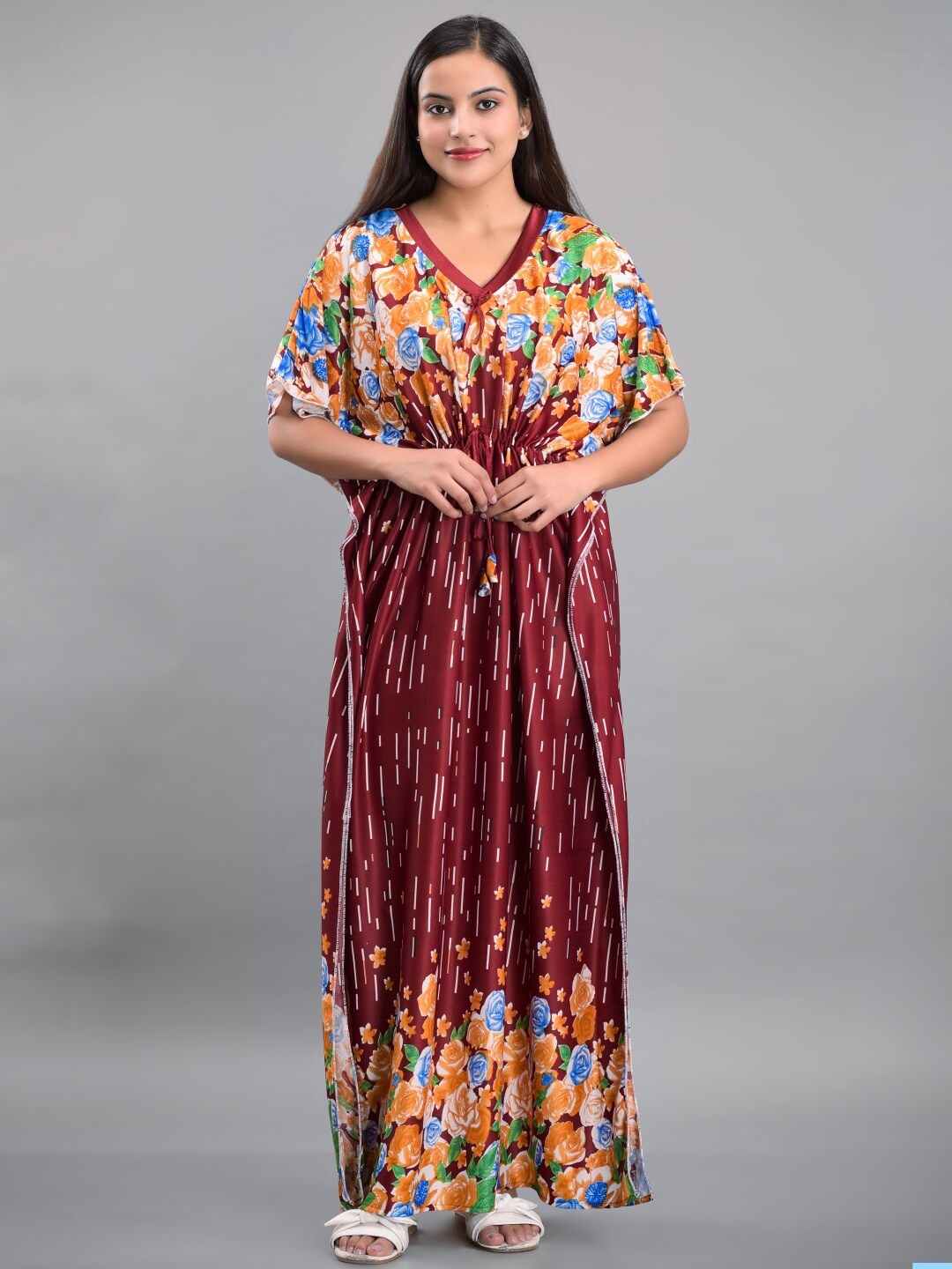 

Apratim Maroon Printed Maxi Nightdress
