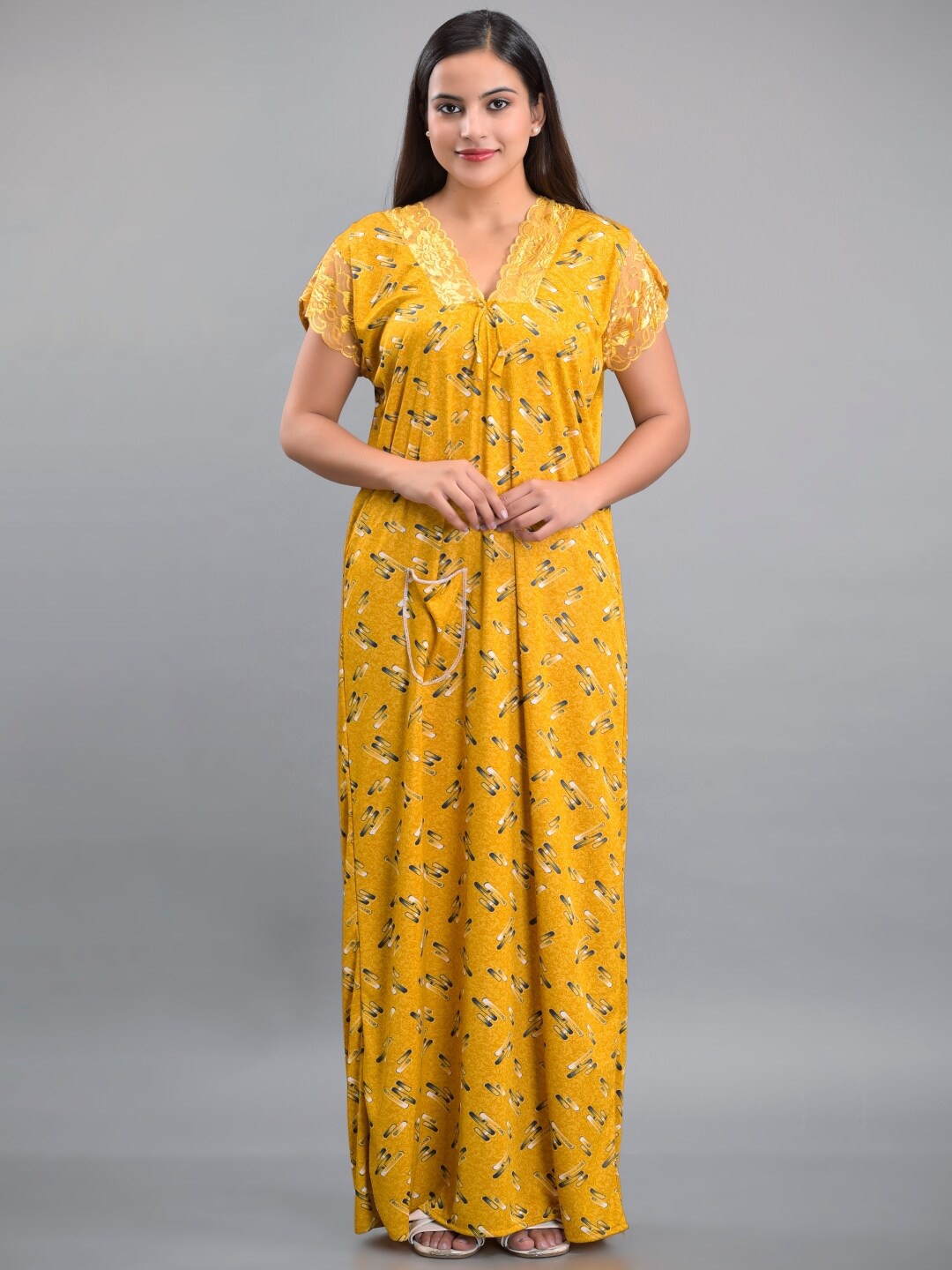 

Apratim Yellow Printed Maxi Nightdress