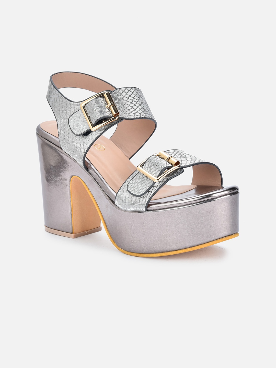 

VALIOSAA Gunmetal-Toned Party Block Sandals with Buckles, Metallic