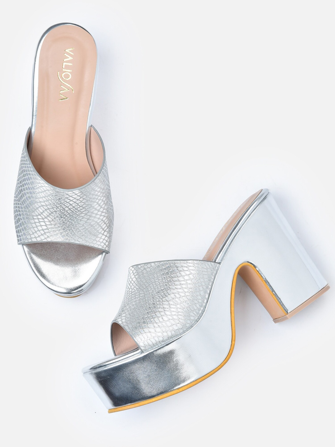 

VALIOSAA Silver-Toned Printed Party Block Peep Toes with Laser Cuts