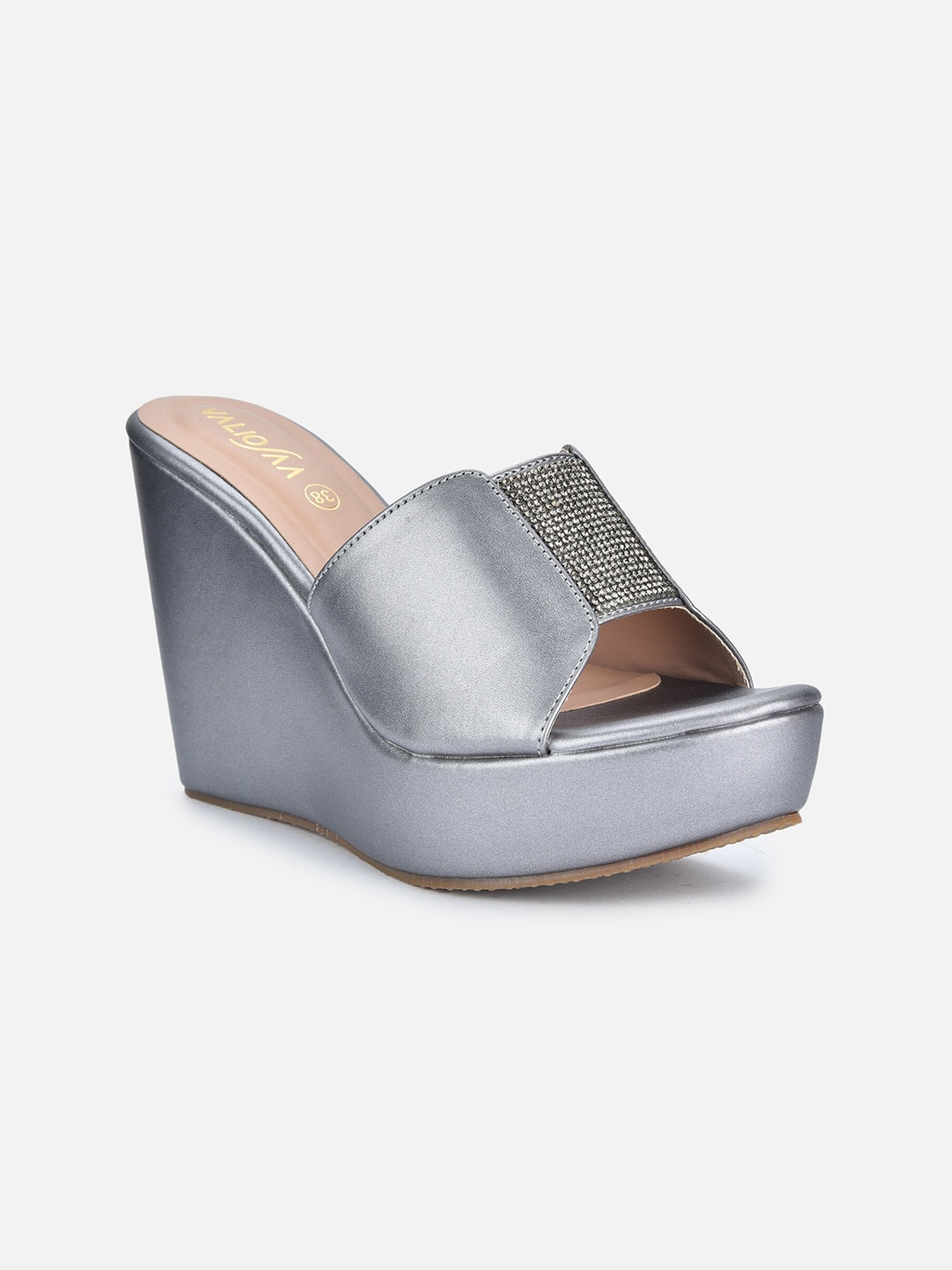 

VALIOSAA Gunmetal-Toned Party Wedge Peep Toes, Metallic