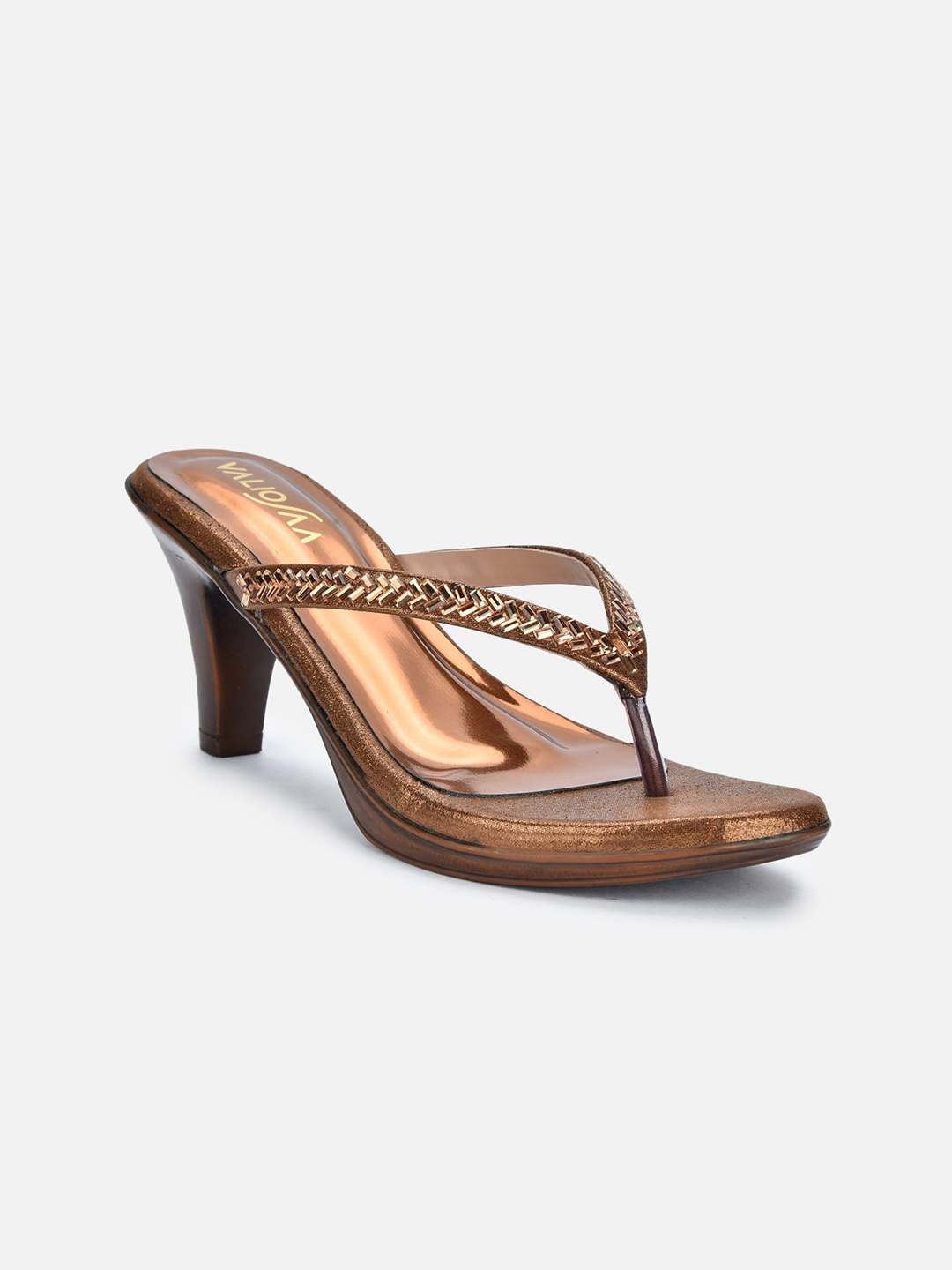 

VALIOSAA Copper-Toned Embellished Ethnic Block Sandals