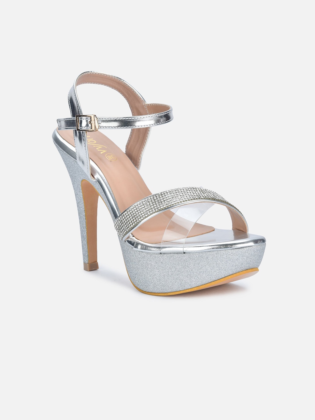 

VALIOSAA Silver-Toned Party Stiletto Sandals with Buckles