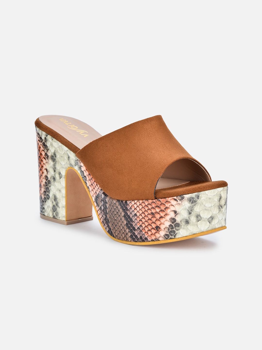 

VALIOSAA Brown Printed Suede Block Peep Toes