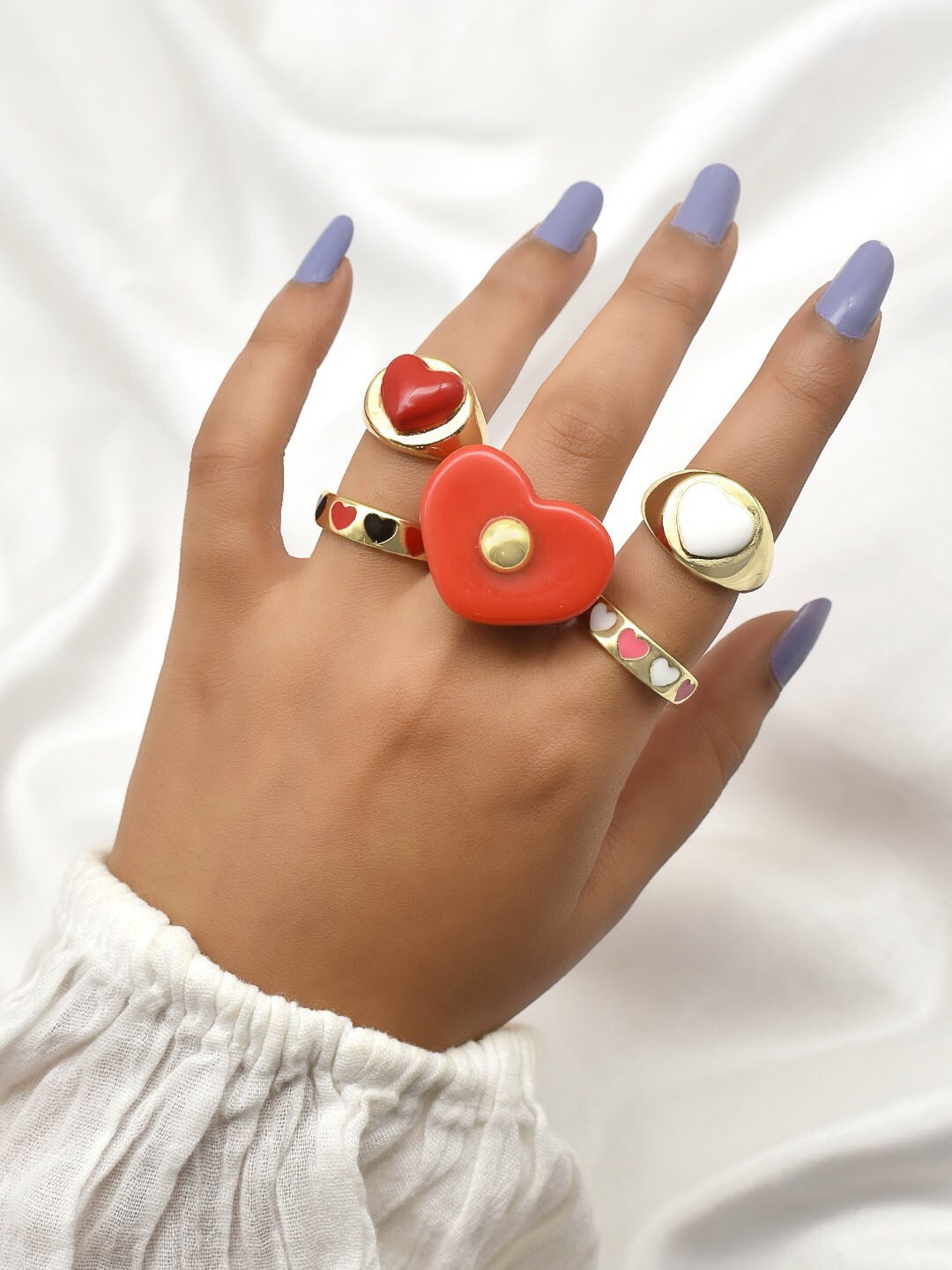

JOKER & WITCH Set Of 5 Gold-Toned & Red Heart-Charm Finger Ring