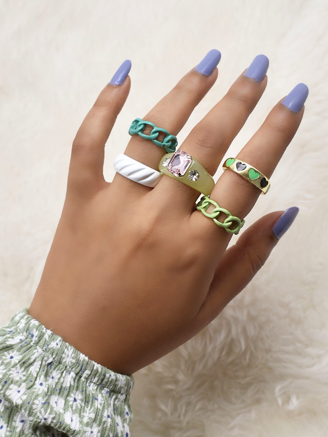 

JOKER & WITCH Set Of 3 Multi-Colored Artificial Stone Studded Finger Ring
