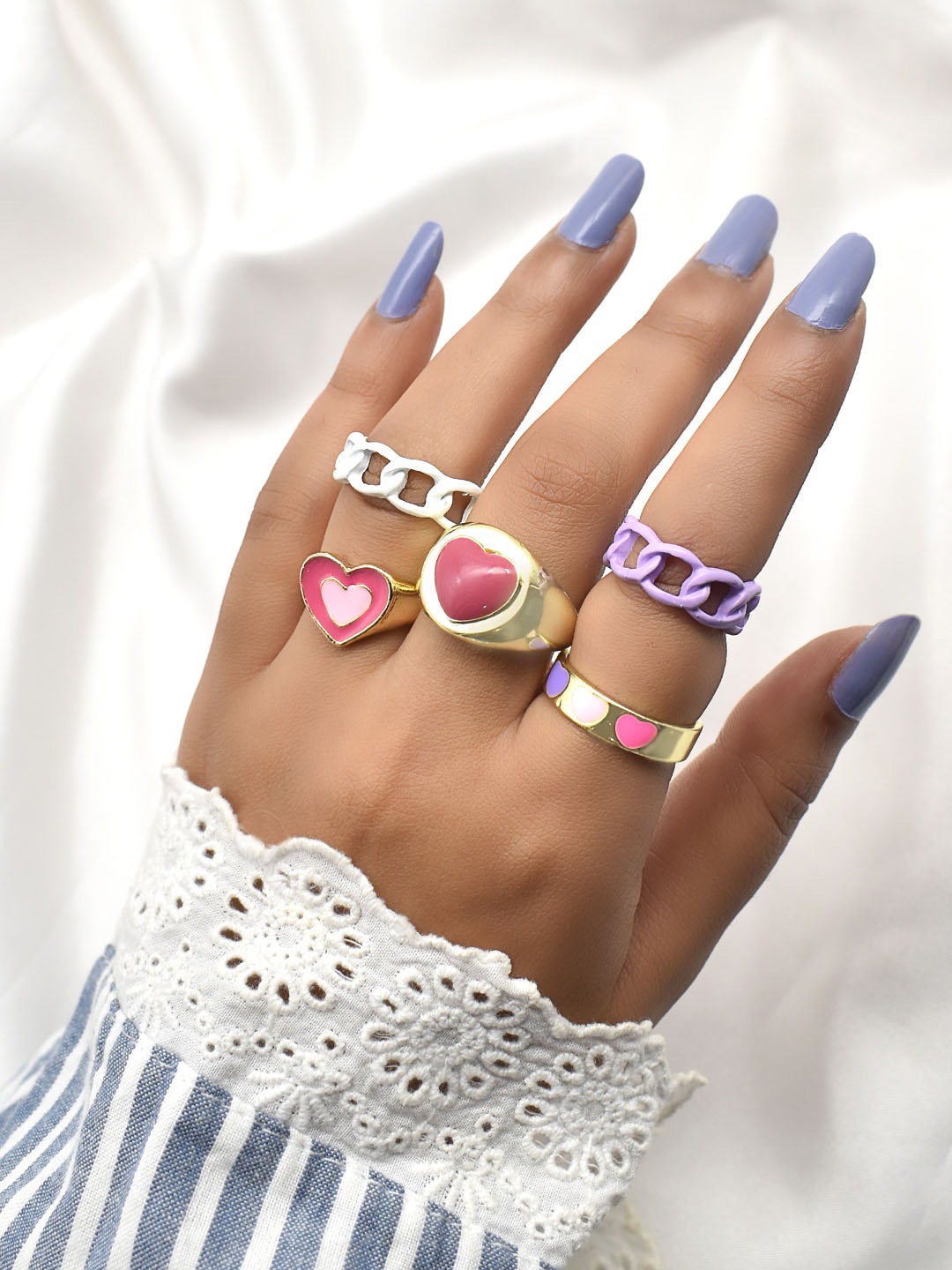 

JOKER & WITCH Set Of 5 Gold-Toned & Purple Adjustable Finger Ring