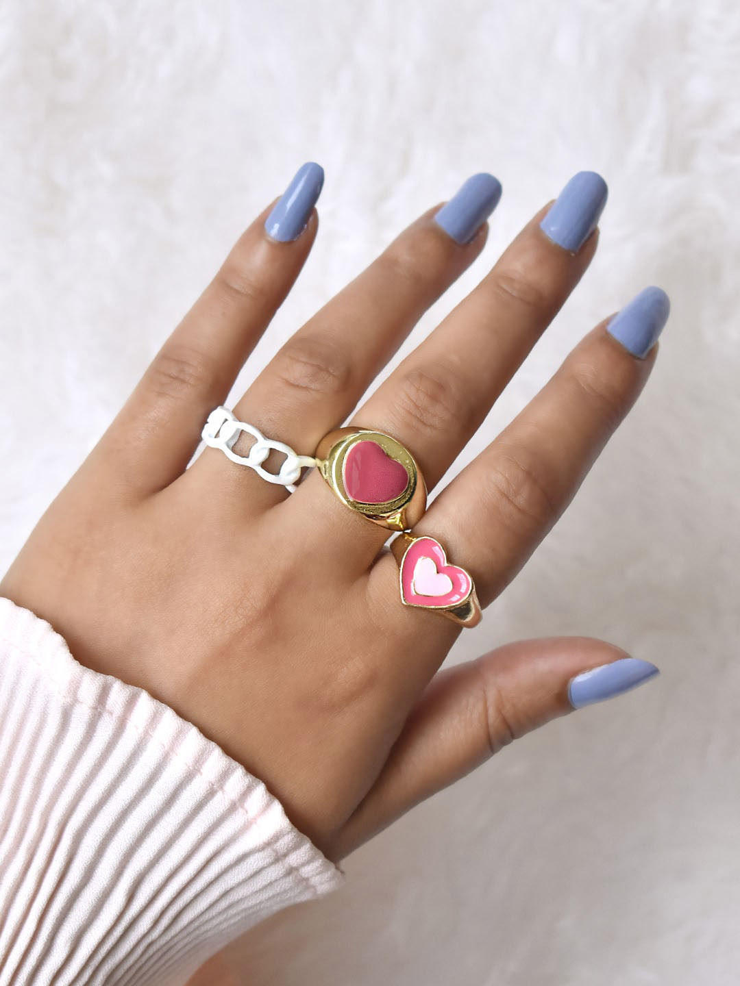 

JOKER & WITCH Set Of 3 Gold-Toned White & Pink Enamelled Design Finger Ring