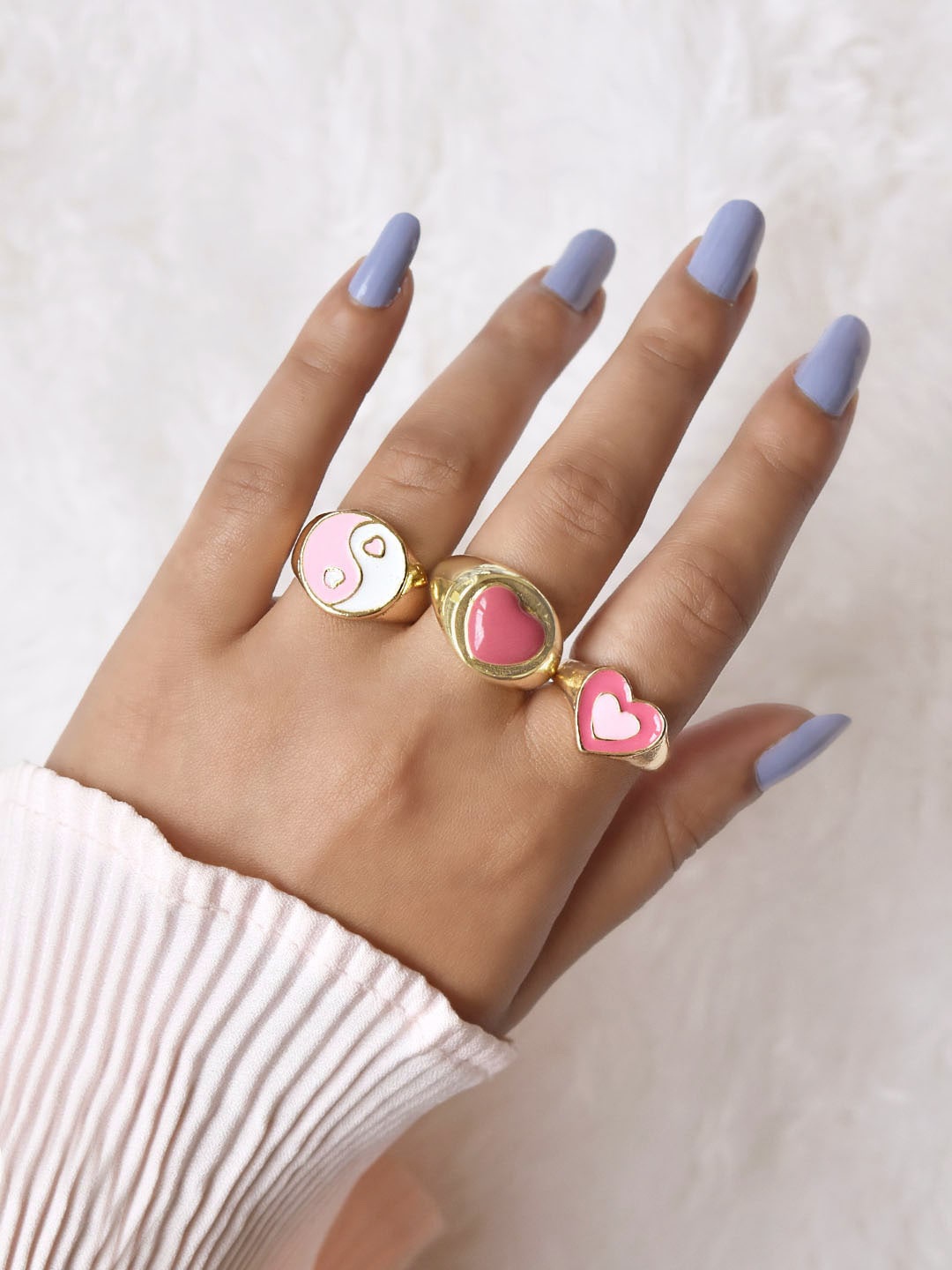 

JOKER & WITCH Set Of 3 Gold-Toned White & Pink Enamelled Design Finger Ring