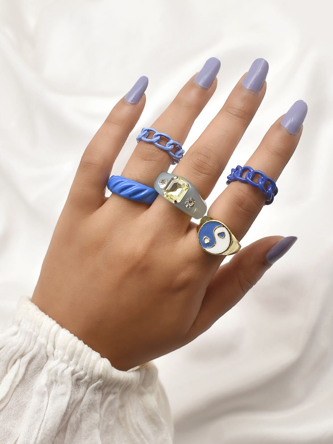 

JOKER & WITCH Set Of 5 Blue & White Stone Studded Ring Stack