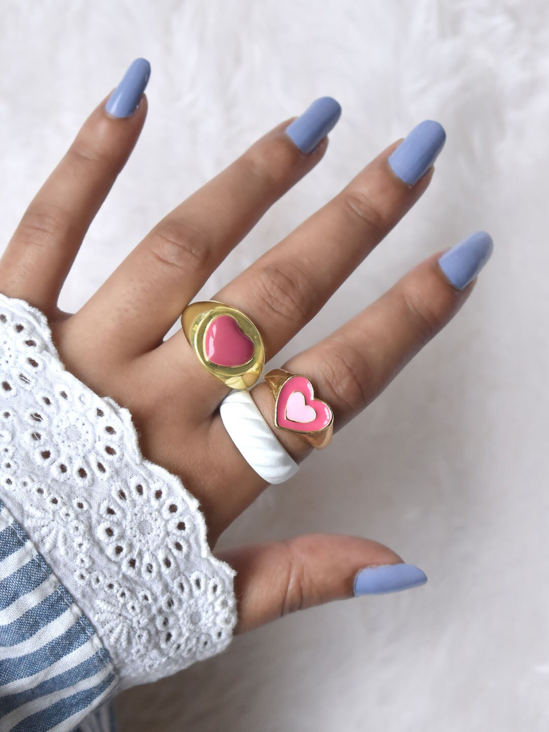 

JOKER & WITCH Set Of 3 Gold-Toned White & Pink Enamelled Design Finger Ring