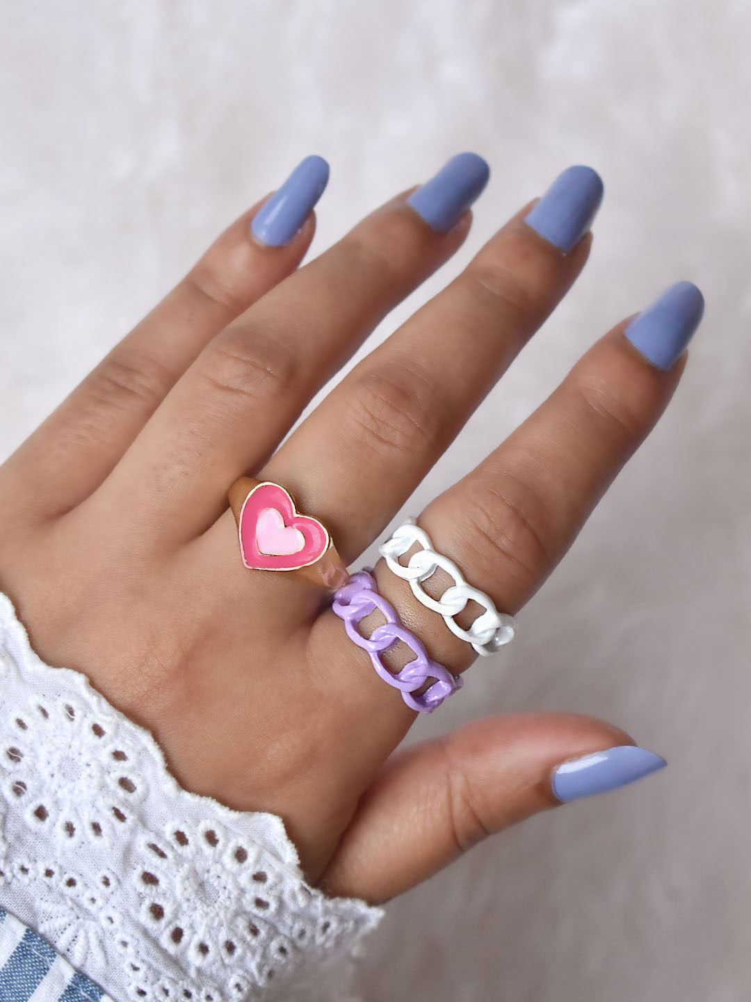 

JOKER & WITCH Set Of 3 Gold-Toned Pink Purple & White Enamelled Design Finger Ring