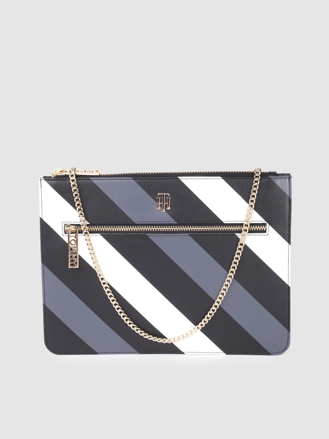 

Tommy Hilfiger Women Black & White Striped Leather Structured Sling Bag