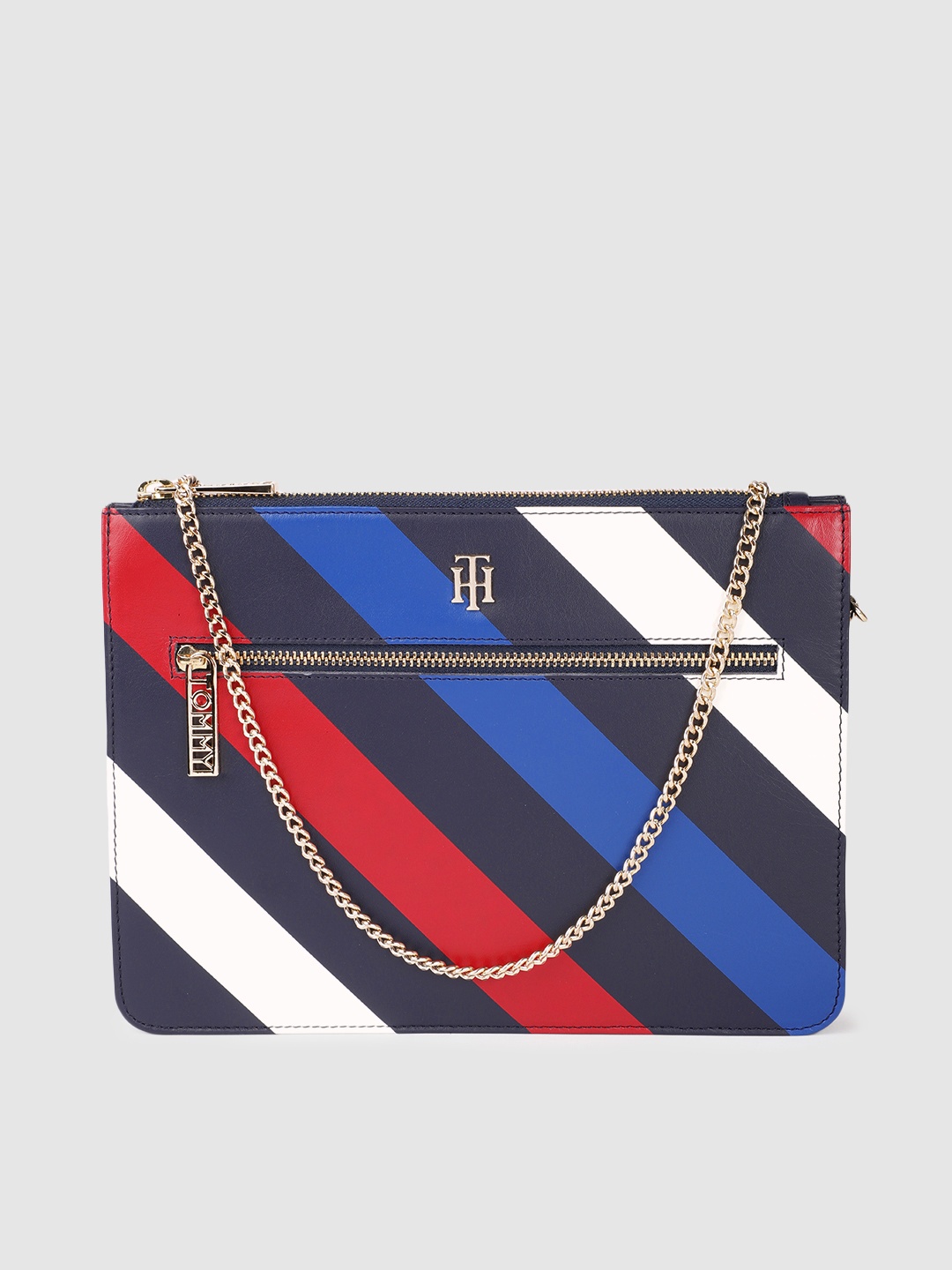 

Tommy Hilfiger Women Navy Blue & Red Striped Leather Structured Sling Bag
