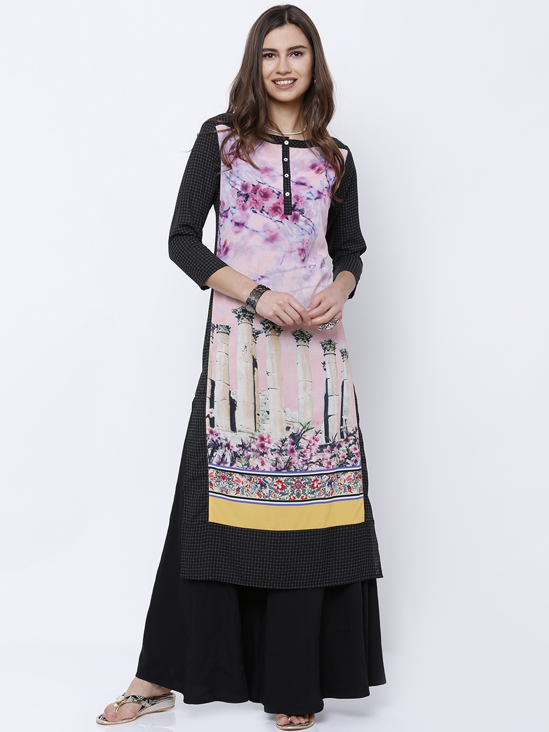 

Vishudh Black & Pink Floral Print Kurta