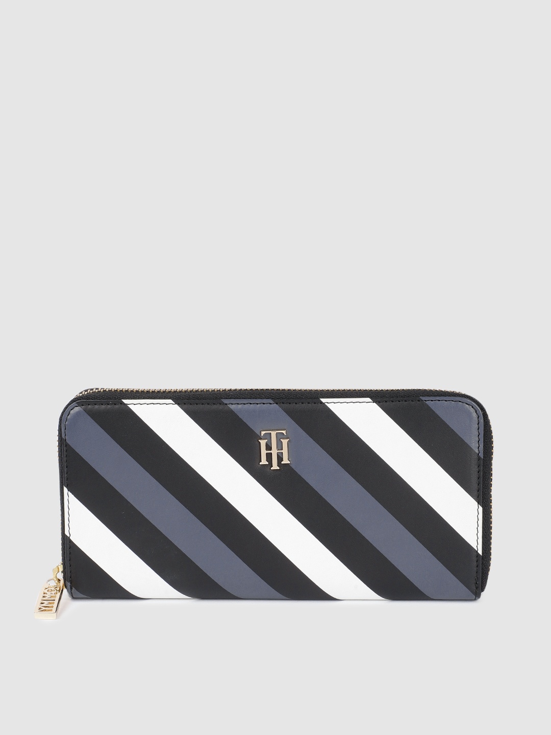 

Tommy Hilfiger Women Striped Leather Zip Around Wallet, Black