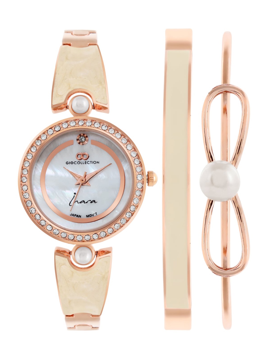 

GIO COLLECTION Women White Embellished Dial & Rose Gold Toned Bracelet Style Straps Analogue Watch