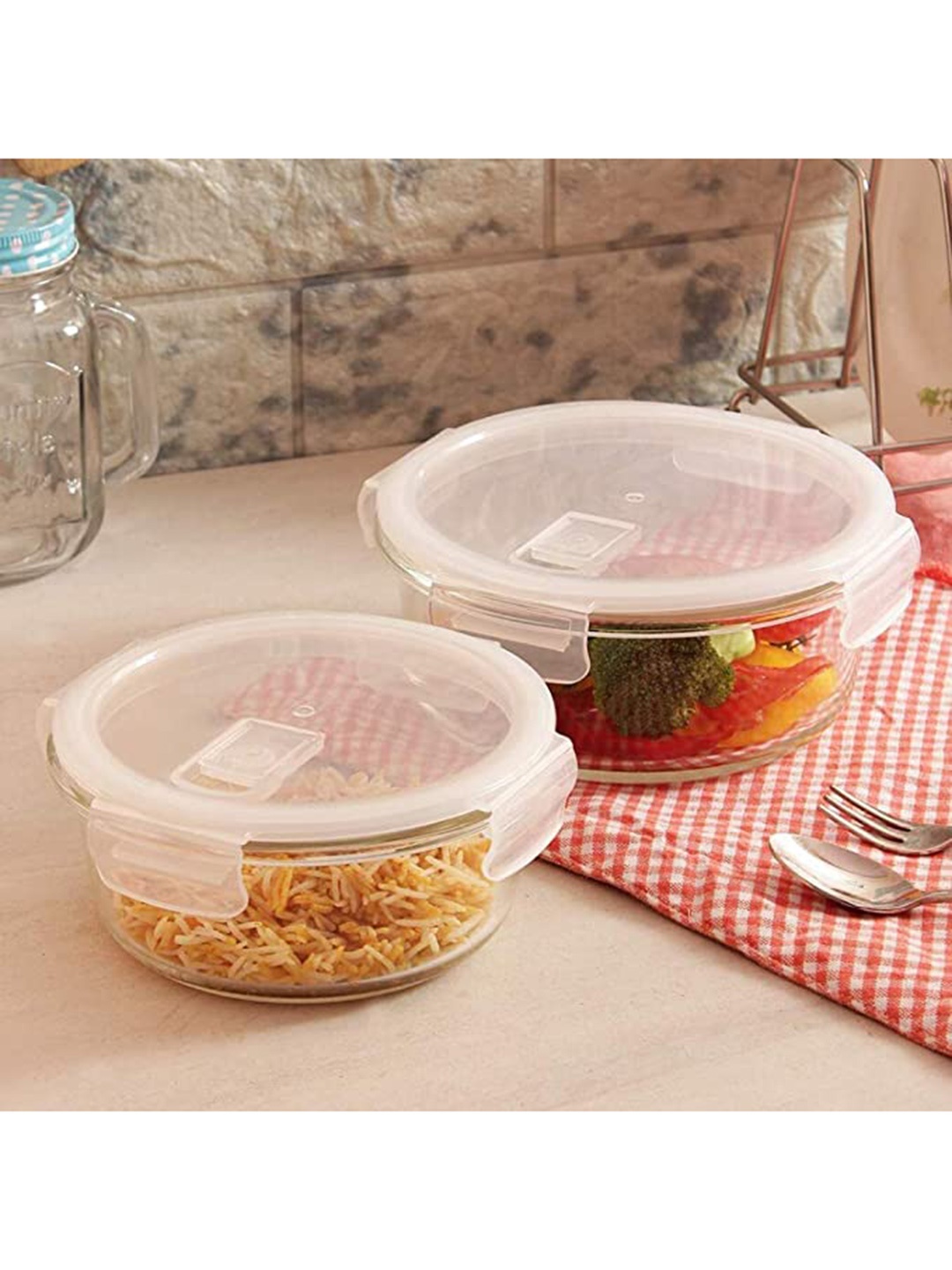 

Femora Set of 2 Transparent Solid Round Glass Food Container with Air Vent Lid